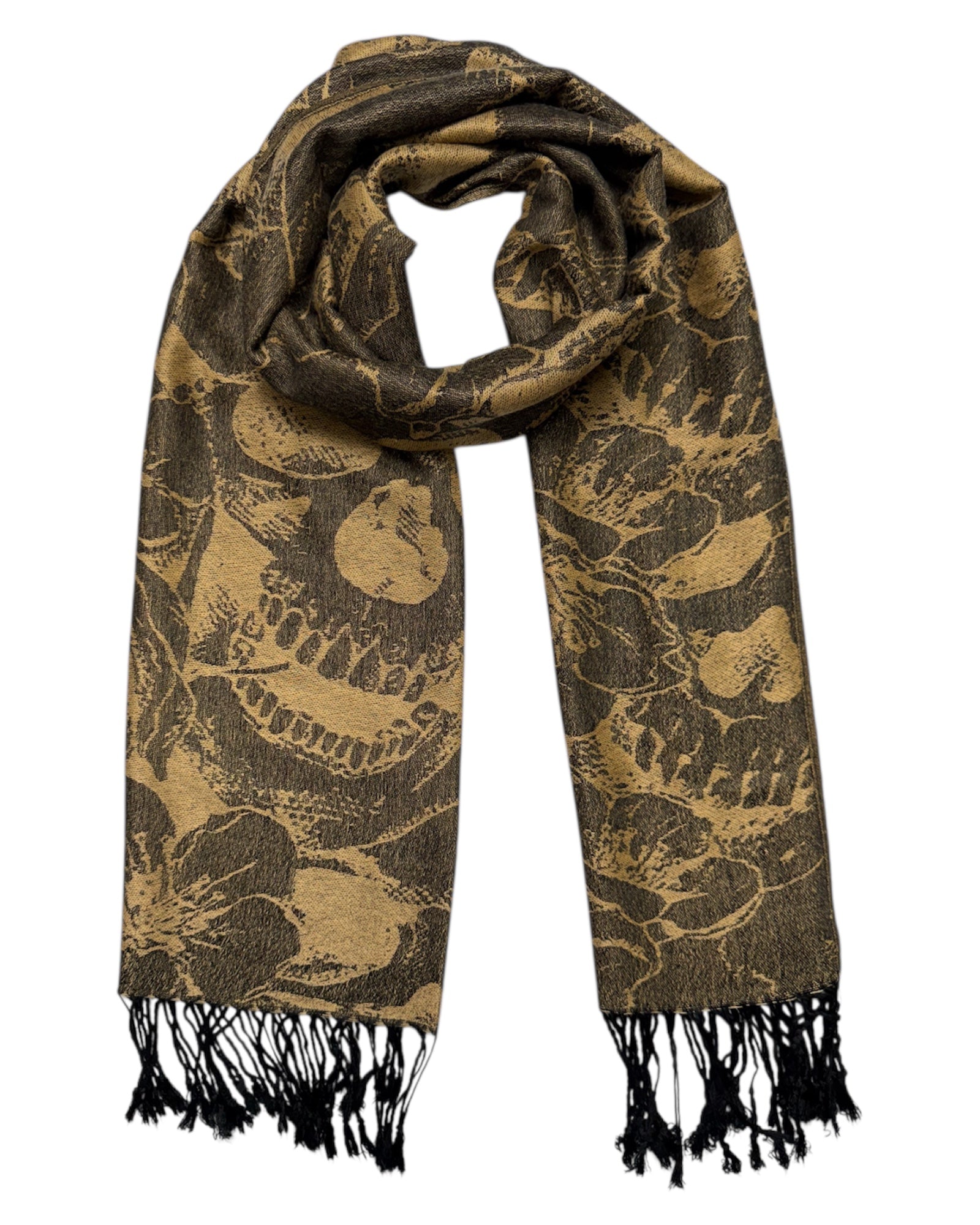 Floral patterned scarf with black fringes on a white background