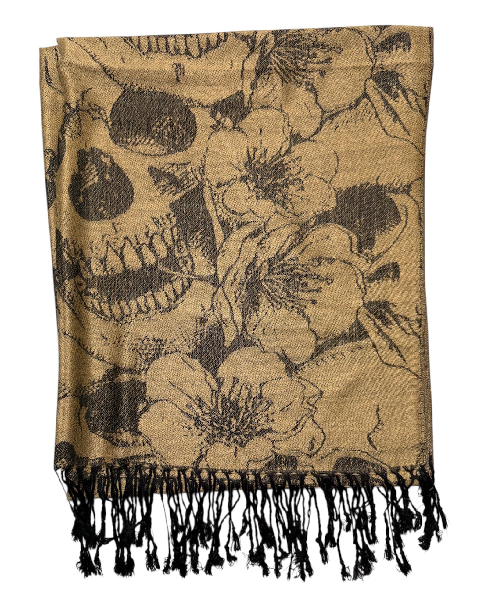 gold and black Scarf with skull and floral pattern on a beige background
