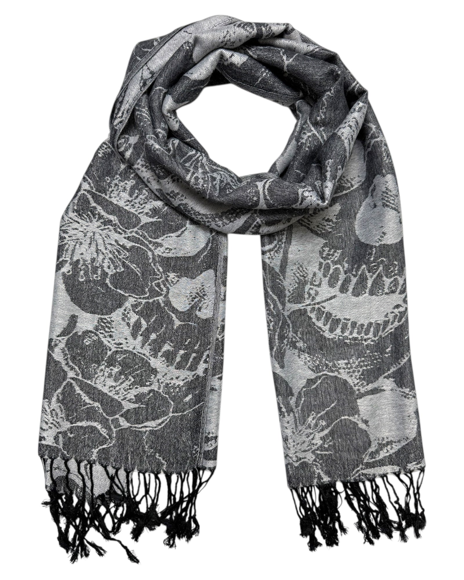 Gray and black skull patterned scarf with black tassels on a white background