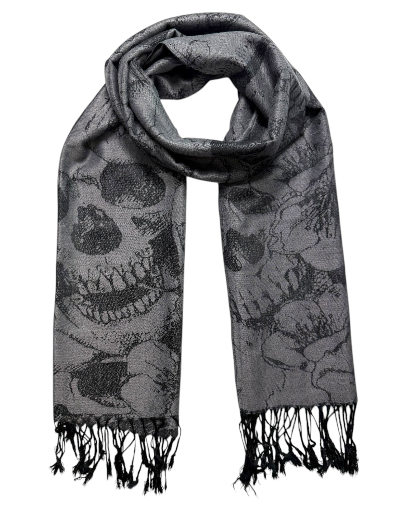 Gray scarf with black skull pattern on a white background