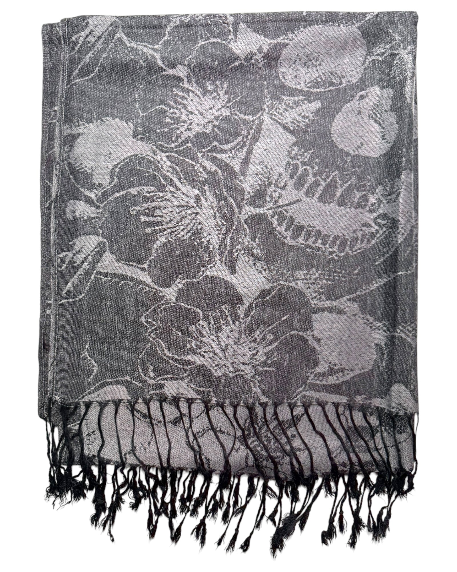 Floral patterned scarf with black fringes on a white background