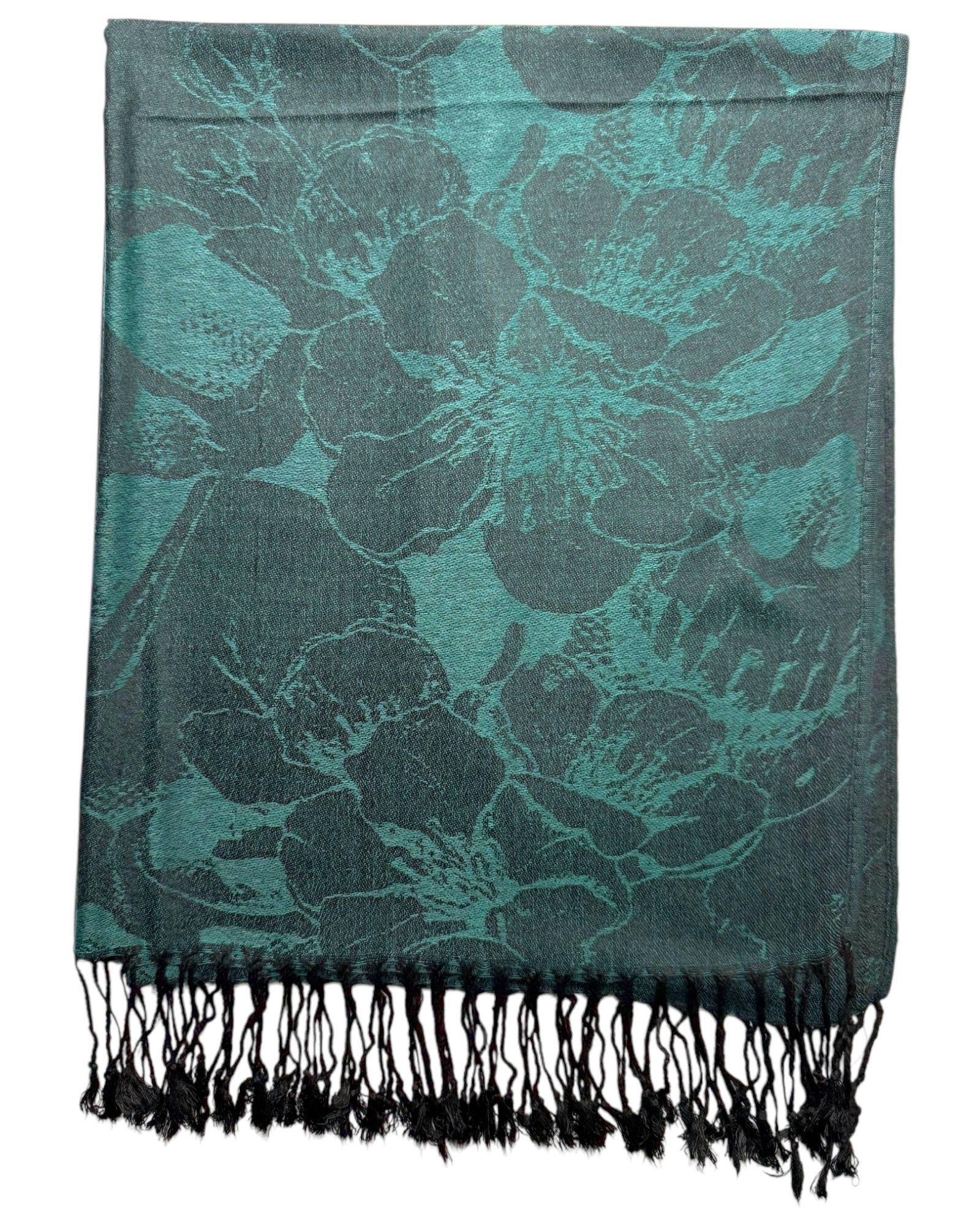 Green floral patterned scarf with black fringes on a white background