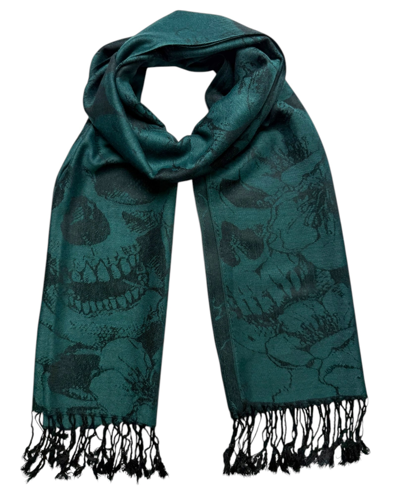 Green scarf with black floral pattern and fringes on a white background