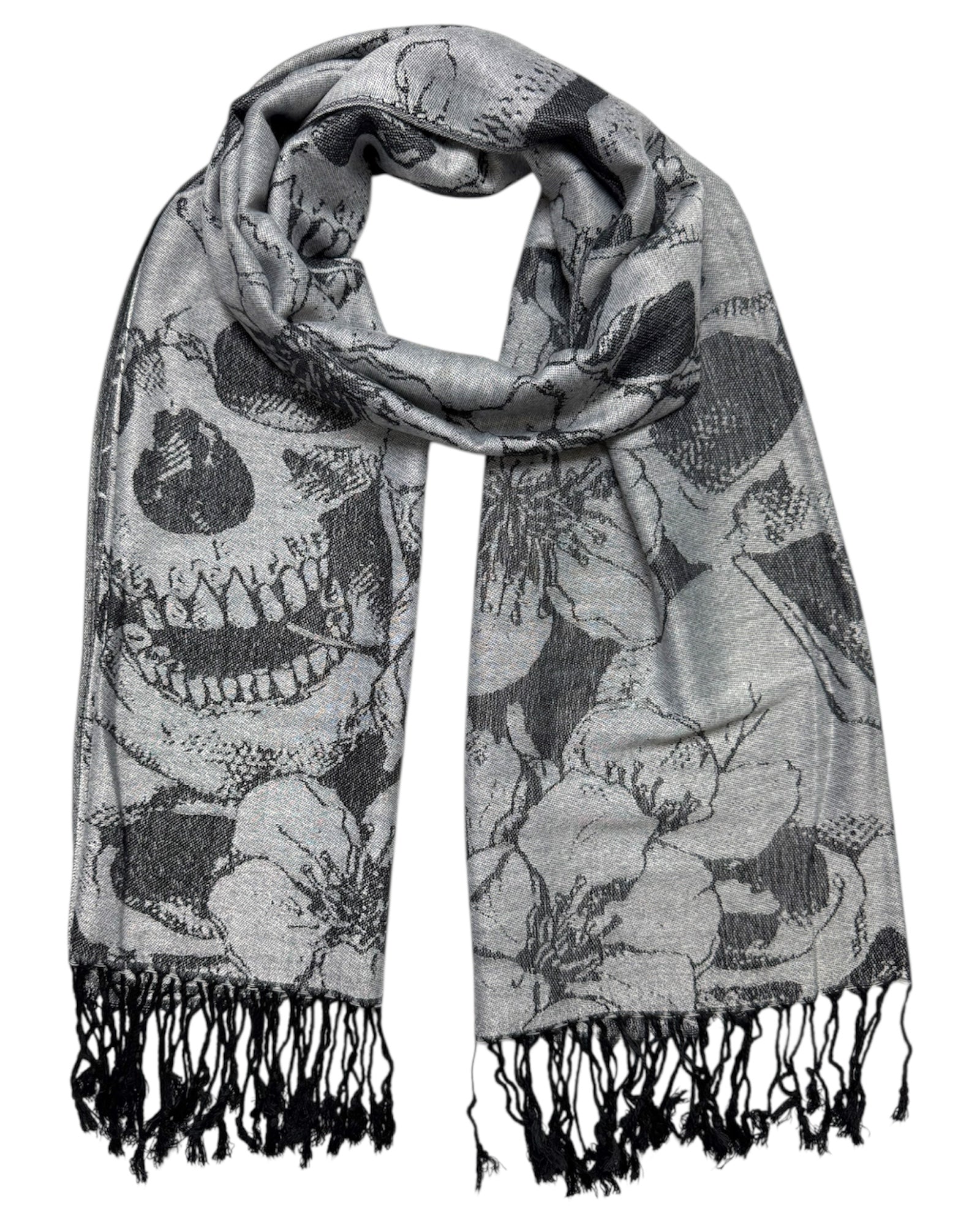 Skull patterned scarf with black and white design on a white background