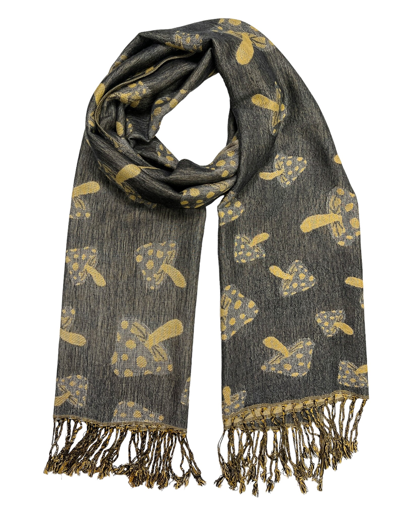 A grey and tan reversible pashmina with a mushroom pattern, fringes on the ends, and a silky texture.