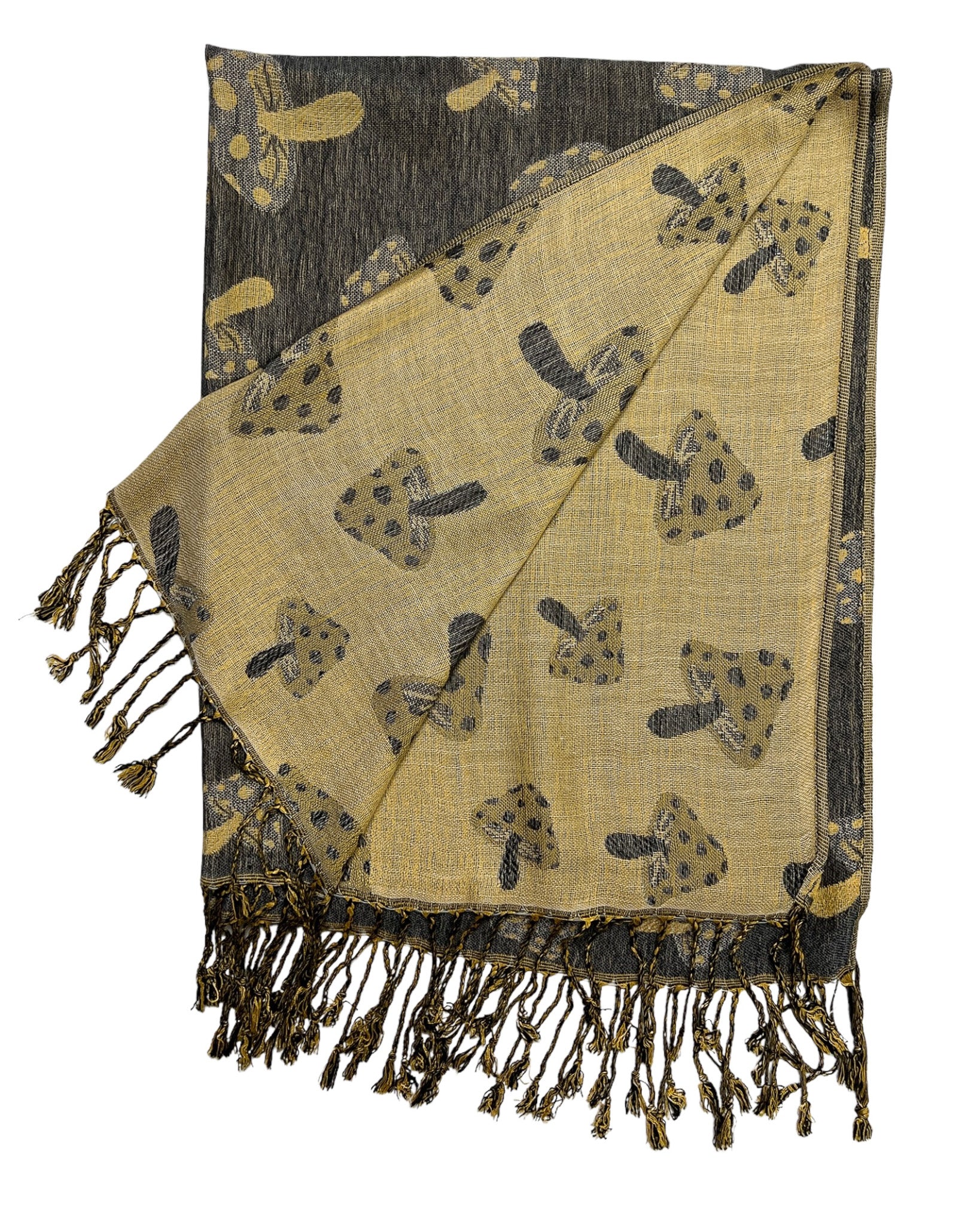 A grey and tan reversible pashmina with a mushroom pattern, fringes on the ends, and a silky texture.