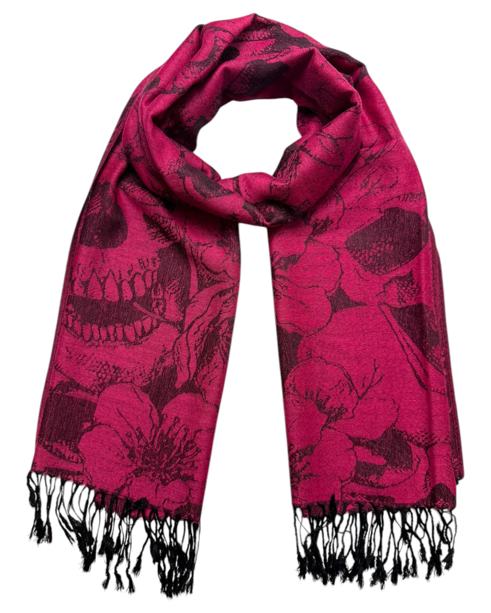 Pink scarf with black skull and floral pattern and tassels on a white background