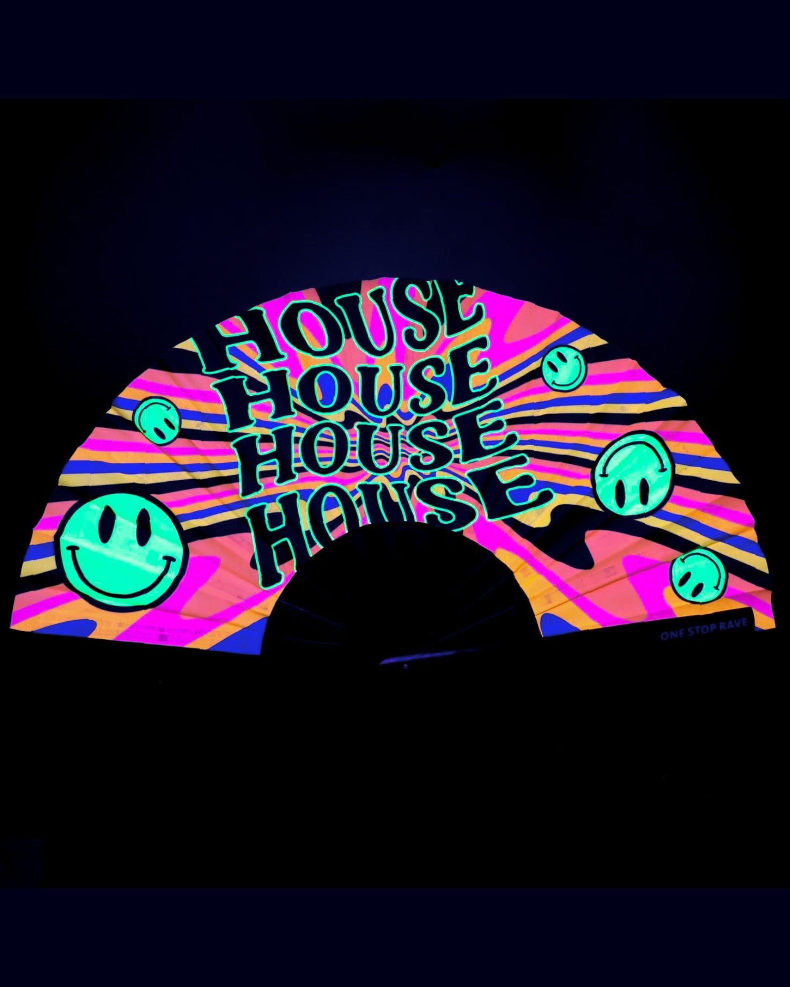 House Head hand fan lettering and smiley faces glowing neon green under blacklight UV-Reactive