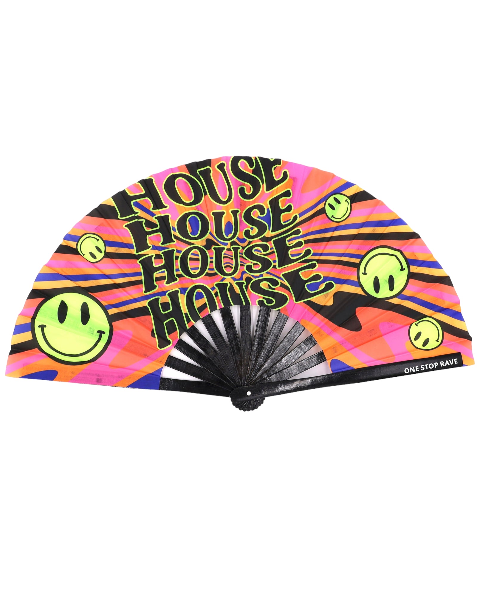 House Head hand fan pink yellow purple black retro smiley face design open view"