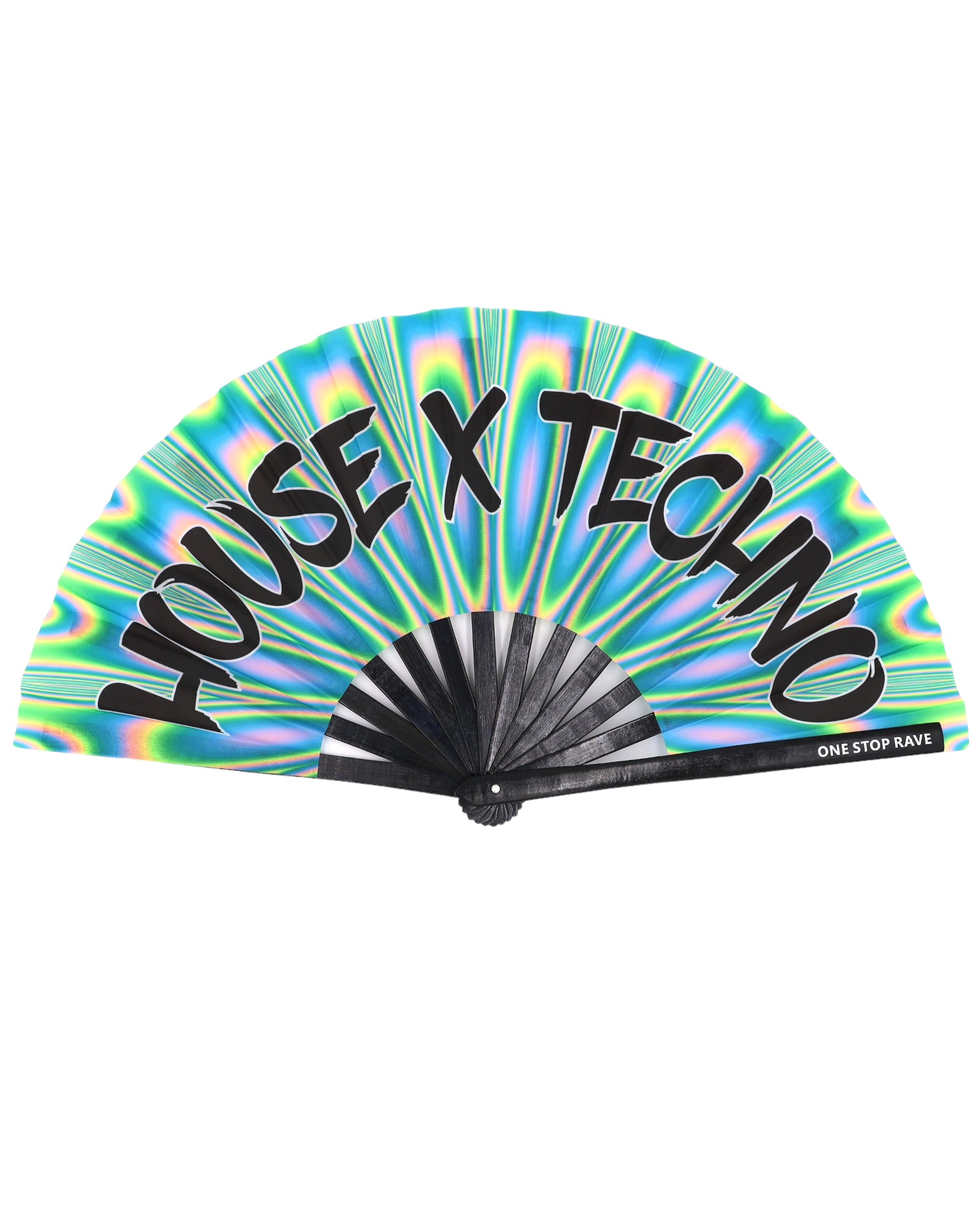 House X Techno hand fan green blue psychedelic swirl open view