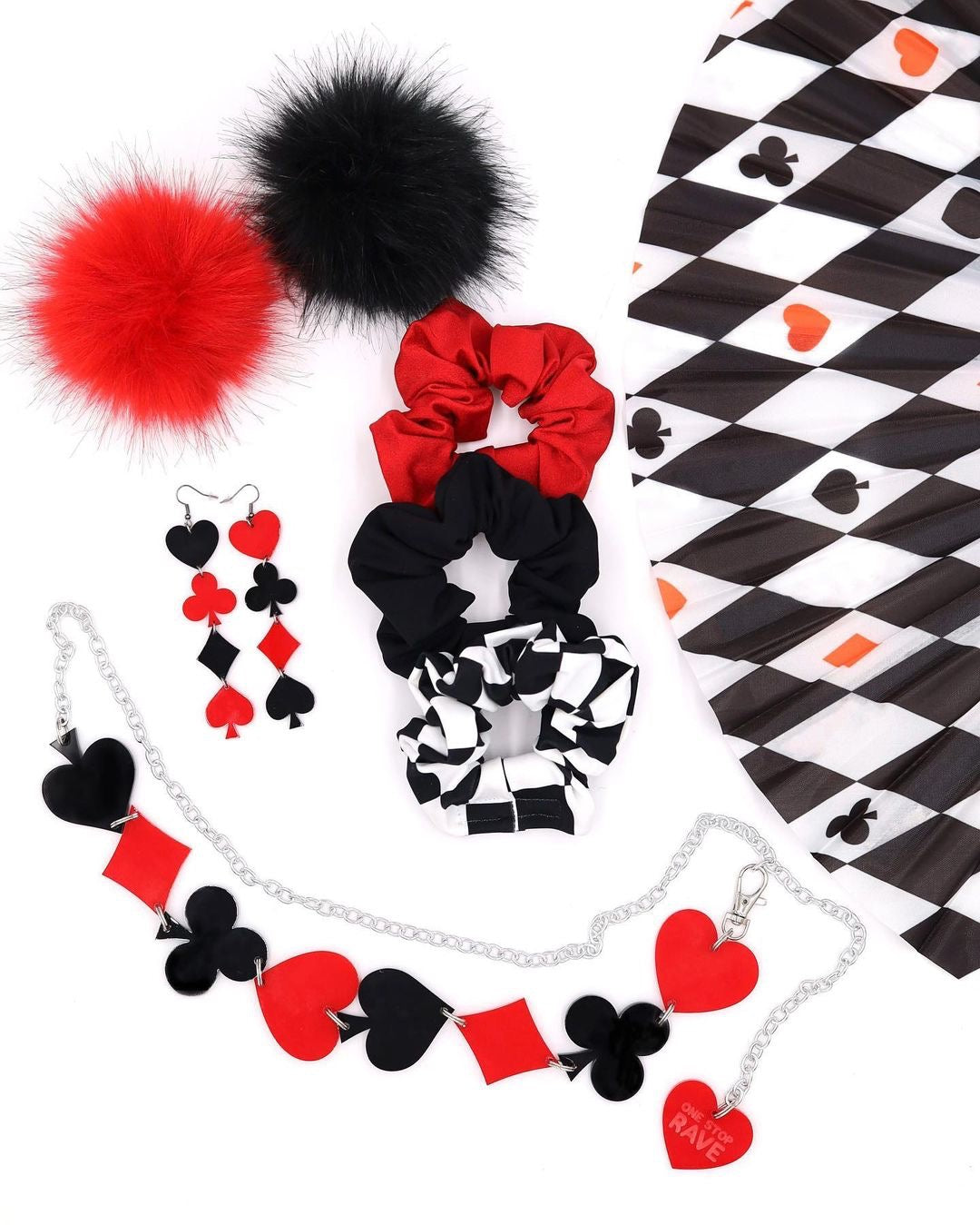 House of Cards Hand Fan, Belt, Earrings with stashies and space bunz.
