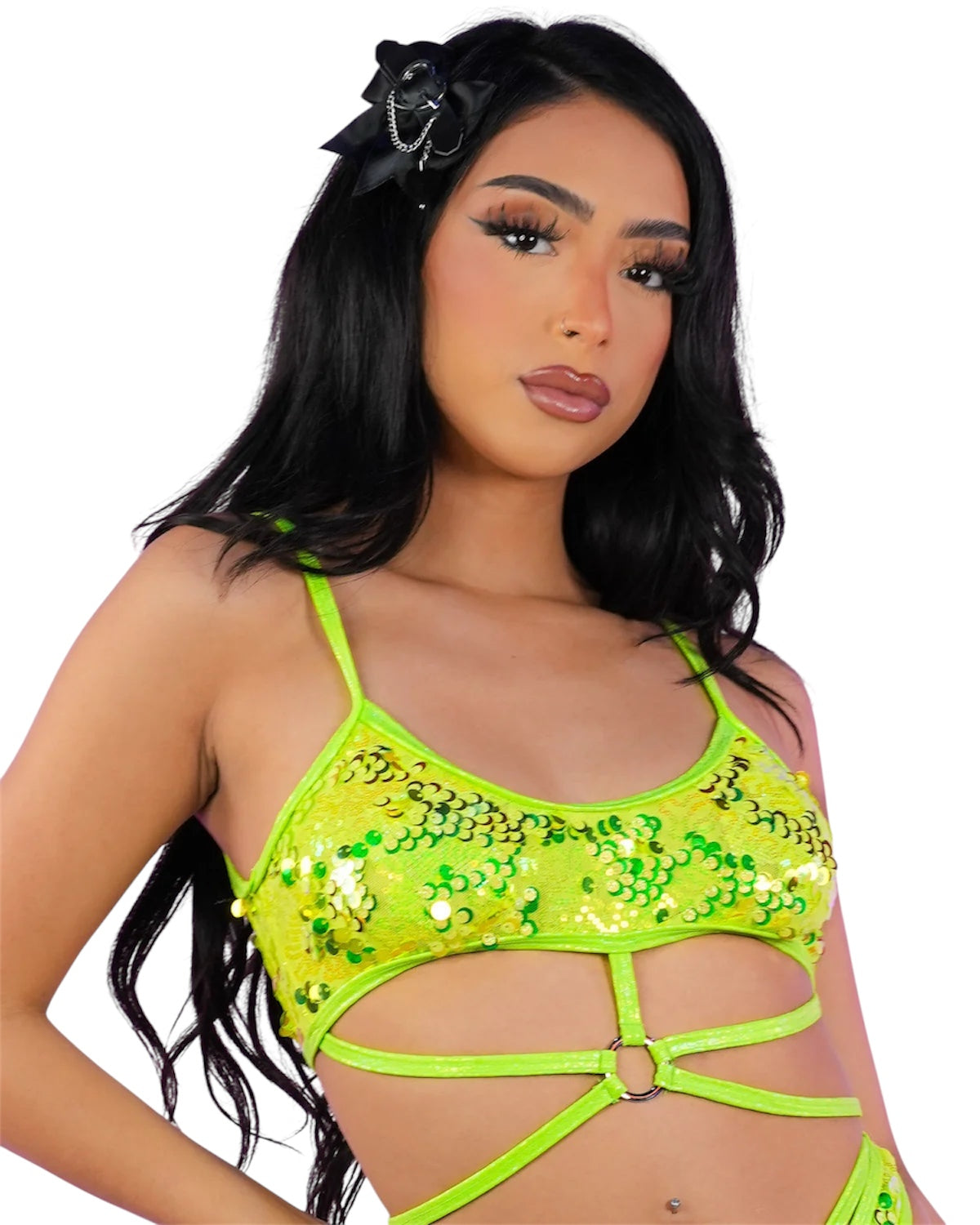 Haut court à bretelles et sequins jaune fluo