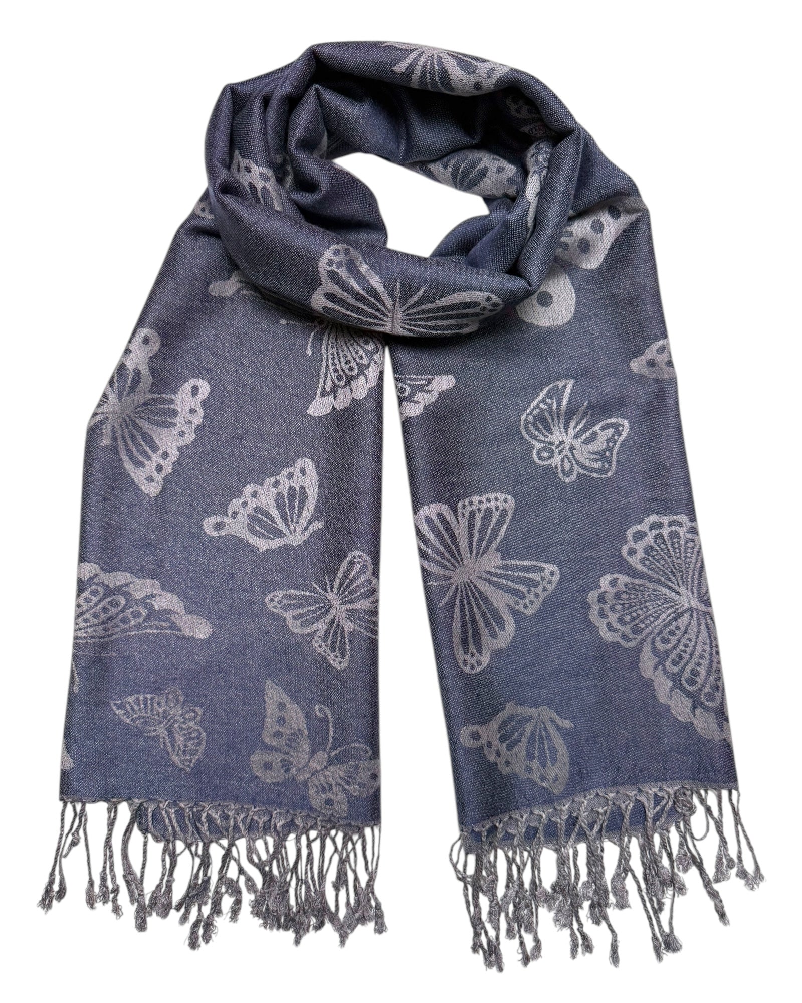 Blue scarf with butterfly patterns and fringes on a white background