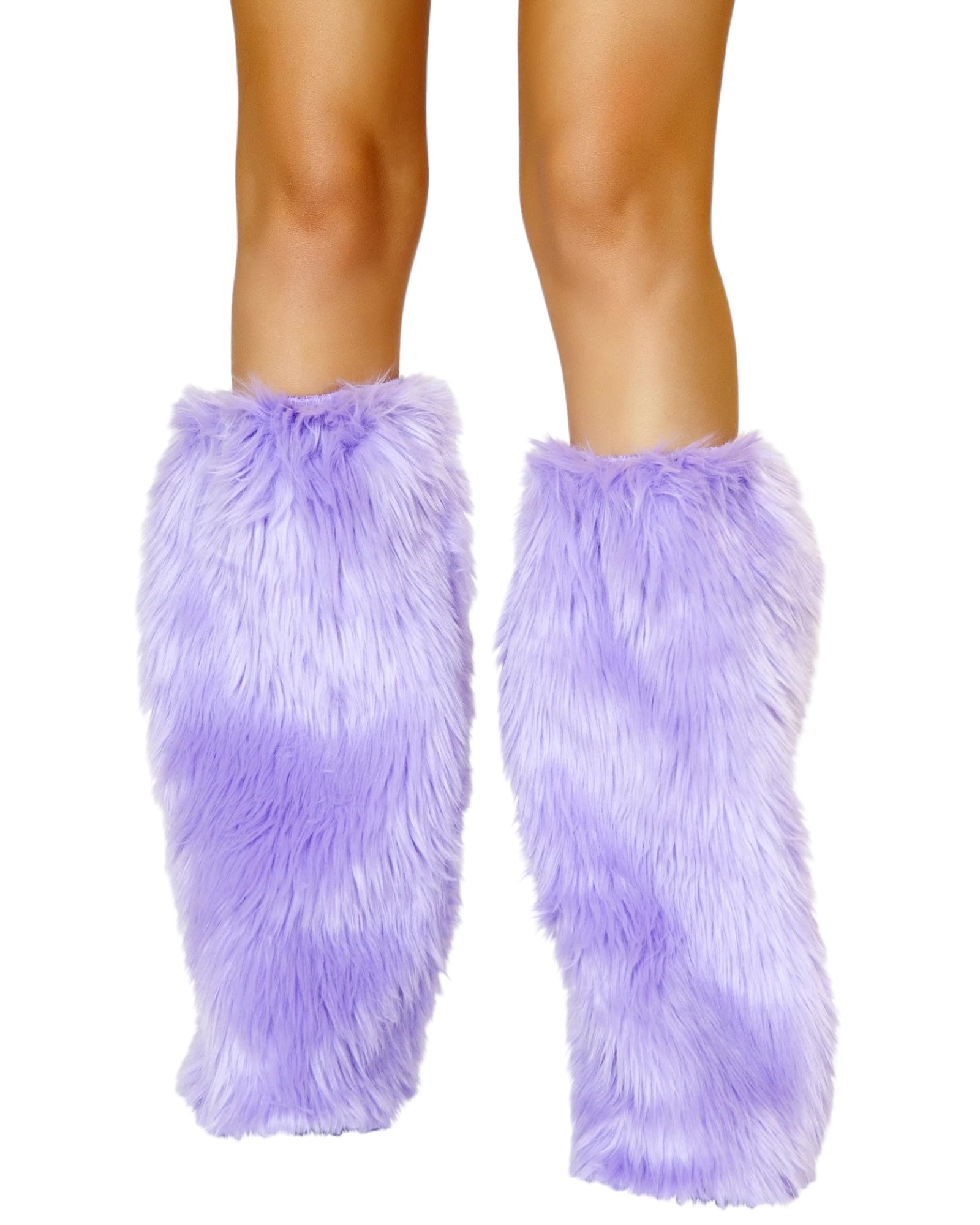 Model wearing lavender faux fur leg warmers covering the lower legs and feet, shown against a white background.