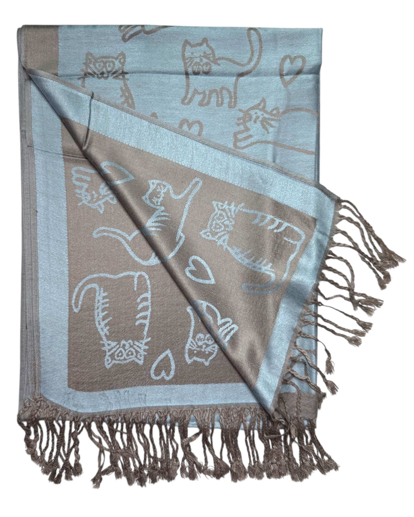 Pashmina reversible con estampado de gato en azul claro y gris