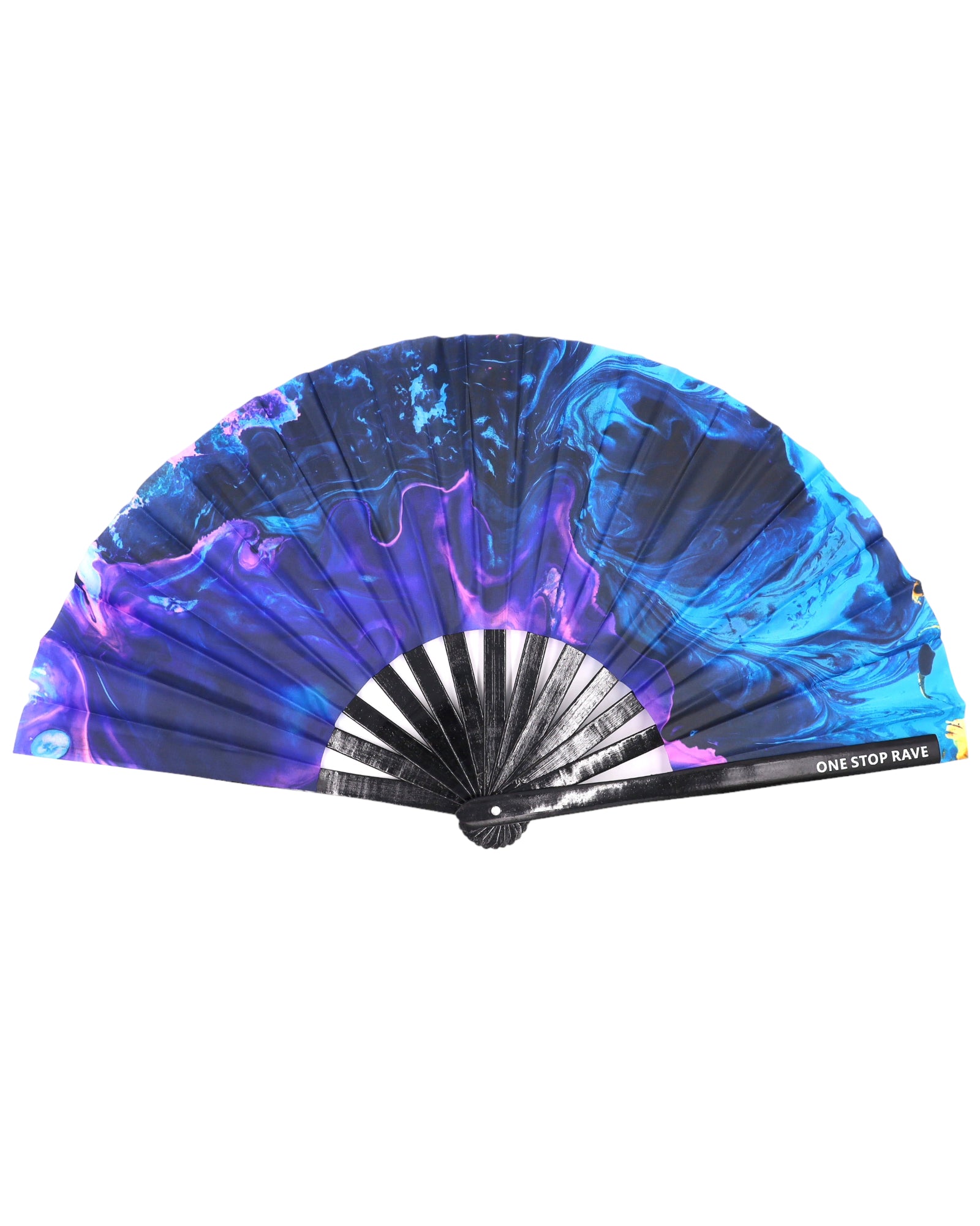 Blue and purple marbled fan with black handle on a white background