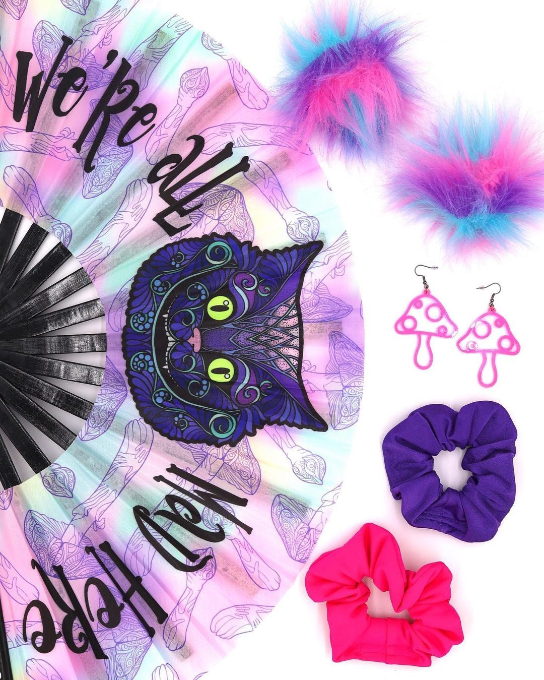 Mad Catter Hand Fan, Hot Pink & Purple Stashies, Mushroom Cut Out Earrings, and Cheshire Cat Space Bunz.
