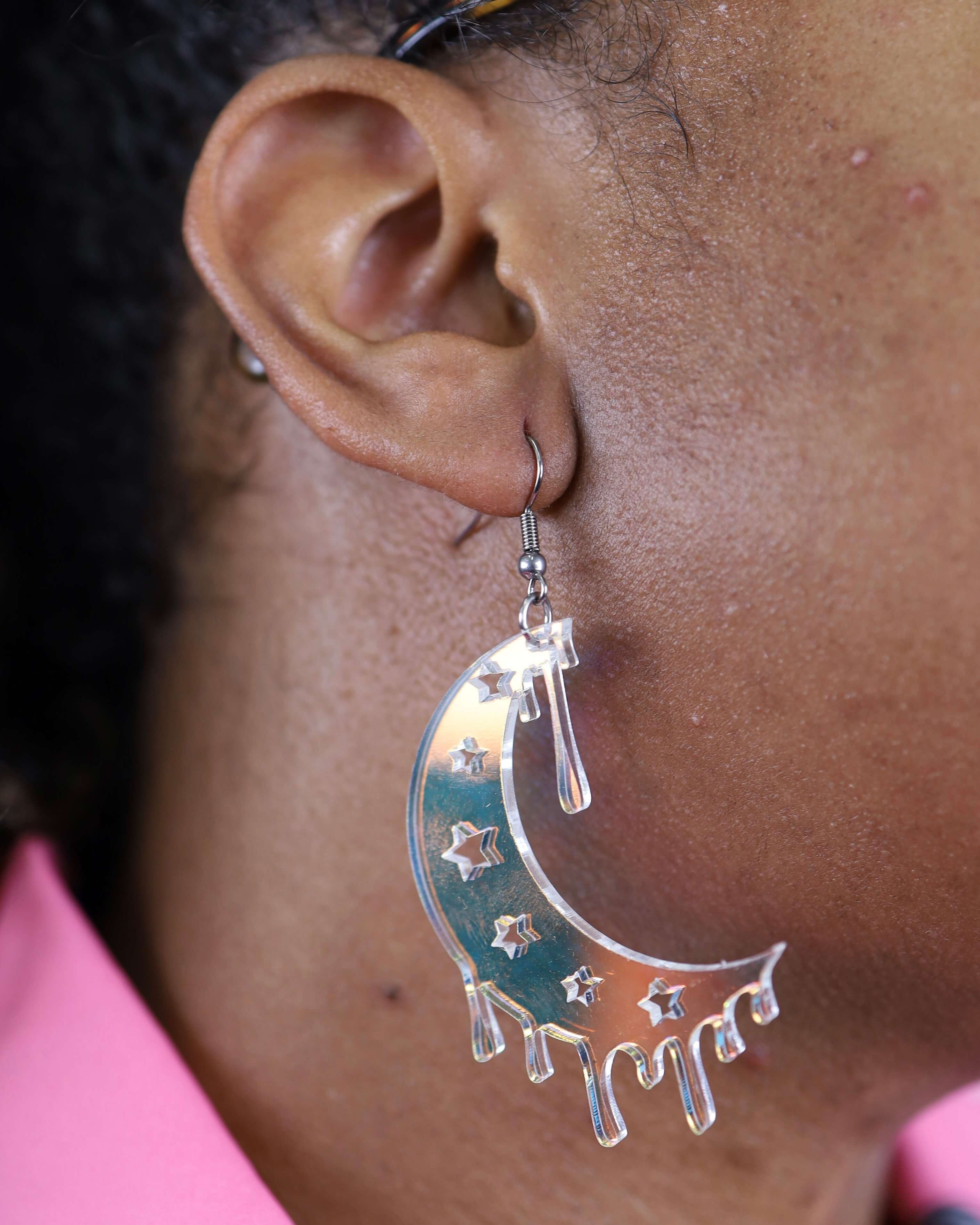 Mirror Moon Melt Earrings On Model