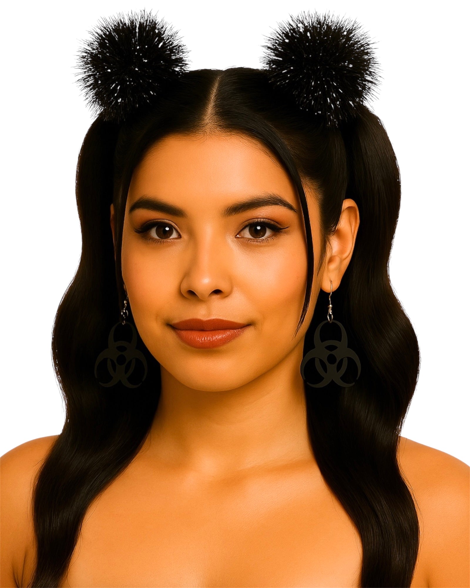 Woman with black hair styled in black tinsel space buns wearing black biohazard earrings on a white background