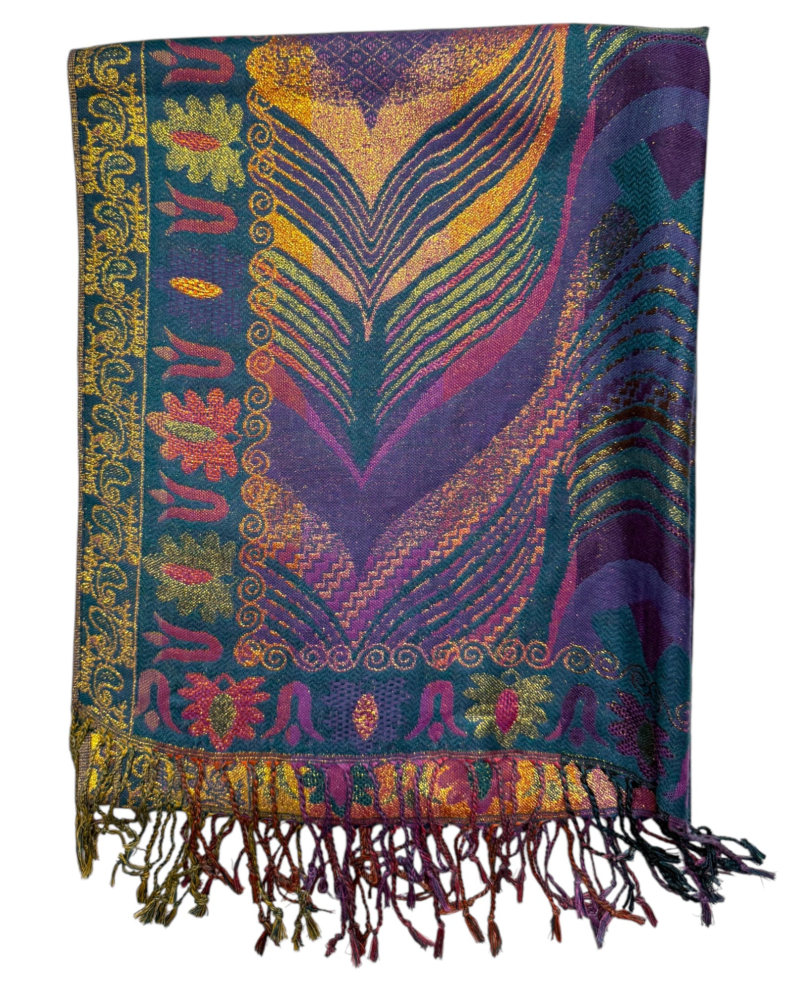 Colorful patterned pashmina with fringes on a white background