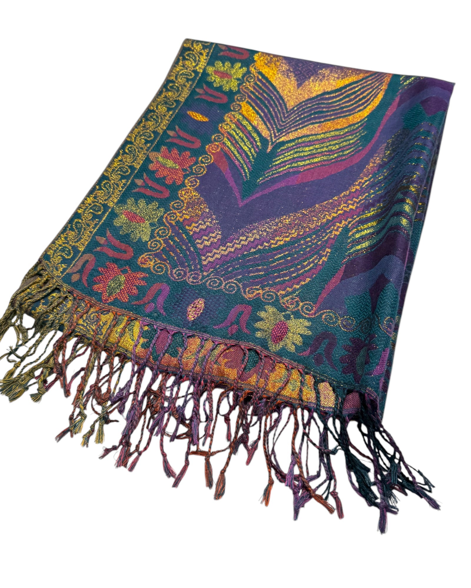 Colorful patterned scarf with fringes on a white background folded