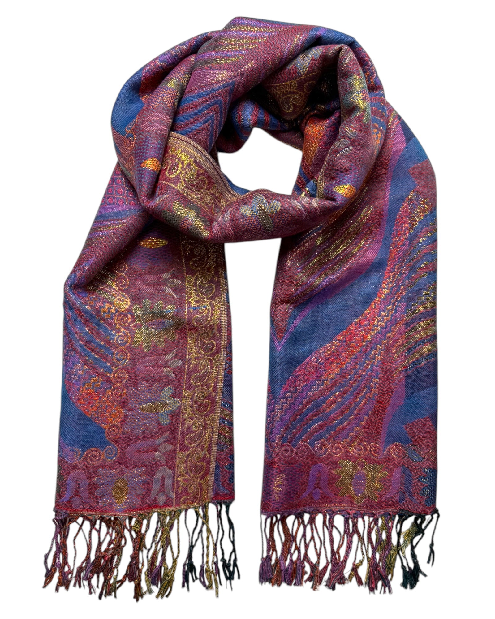 A reversible pashmina featuring one side with deep purples and the other with golden hues, both adorned with intricate floral and geometric patterns.