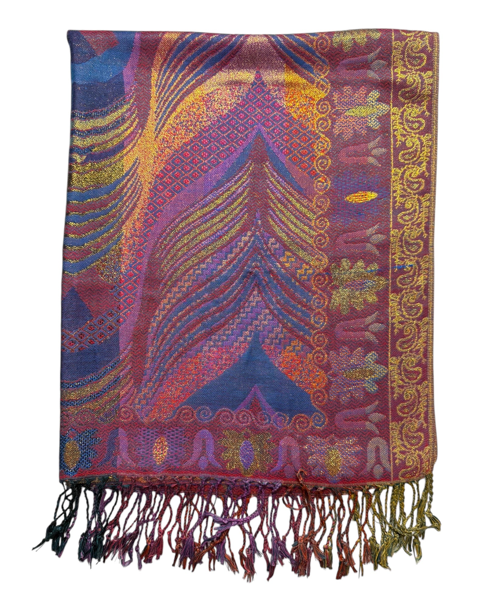 A reversible pashmina featuring one side with deep purples and the other with golden hues, both adorned with intricate floral and geometric patterns.
