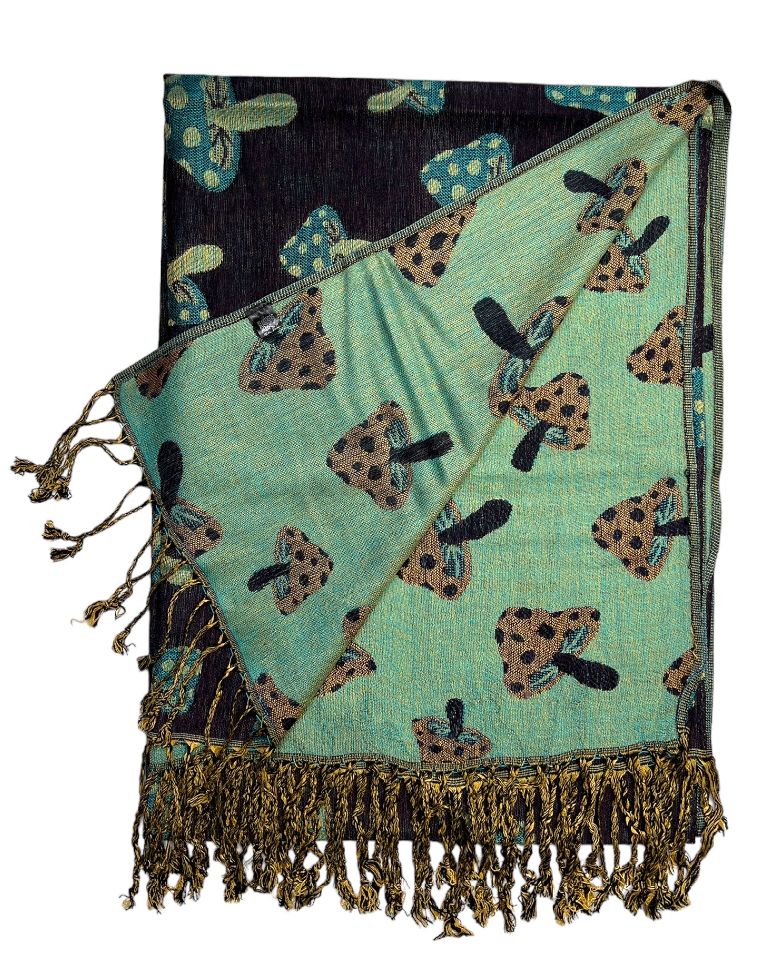 A navy and teal reversible pashmina with a mushroom pattern, displaying fringes on the ends.