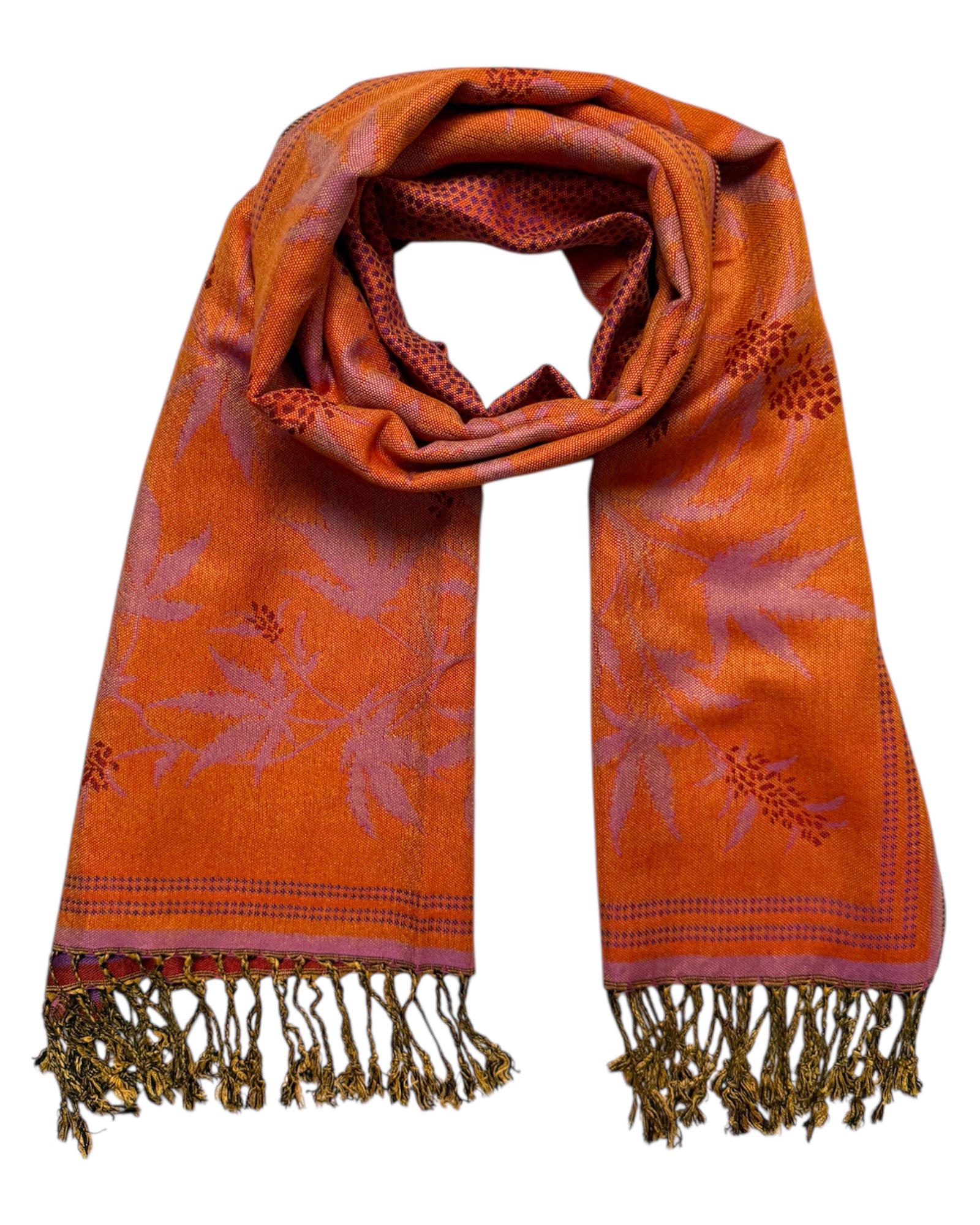 Orange blaze reversible rave pashmina with tassels with all-over leaf print