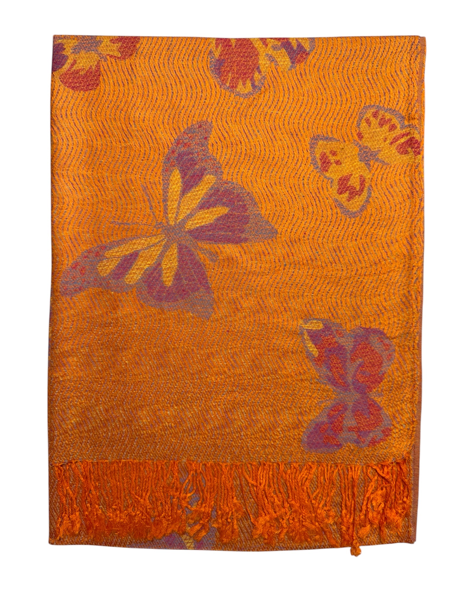 Orange fabric with butterfly patterns on a white background pashmina.