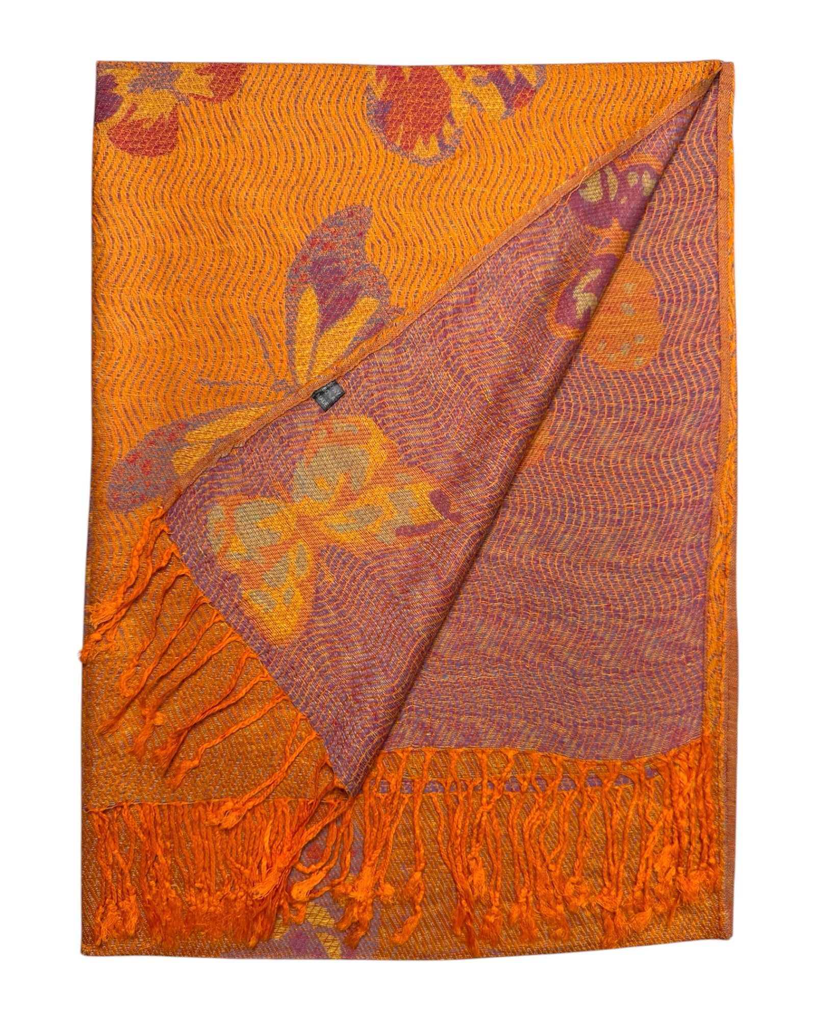 Orange and purple woven fabric with butterfly patterns on a white background
