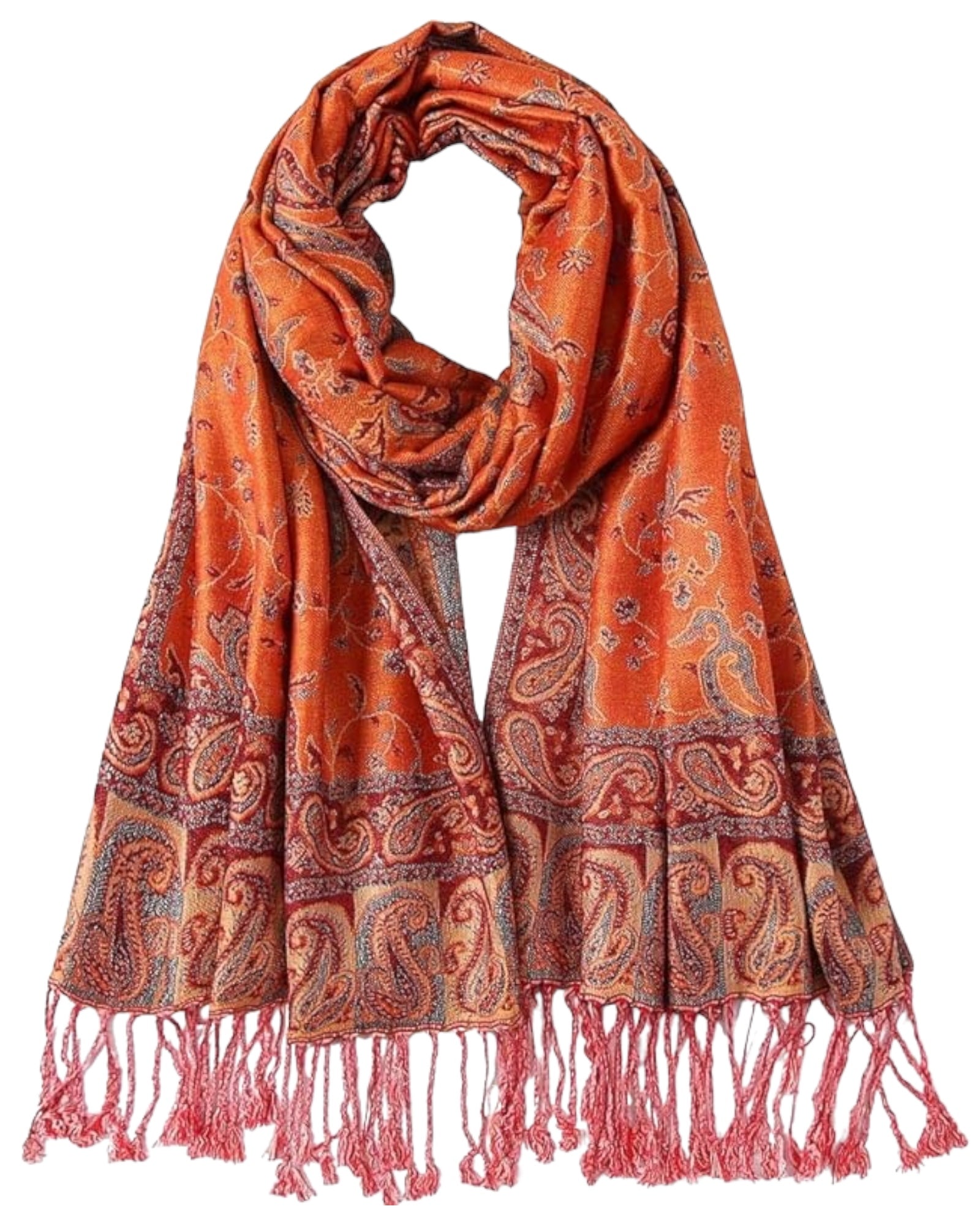 A reversible orange pashmina with paisley patterns and fringes, displayed on a plain background.