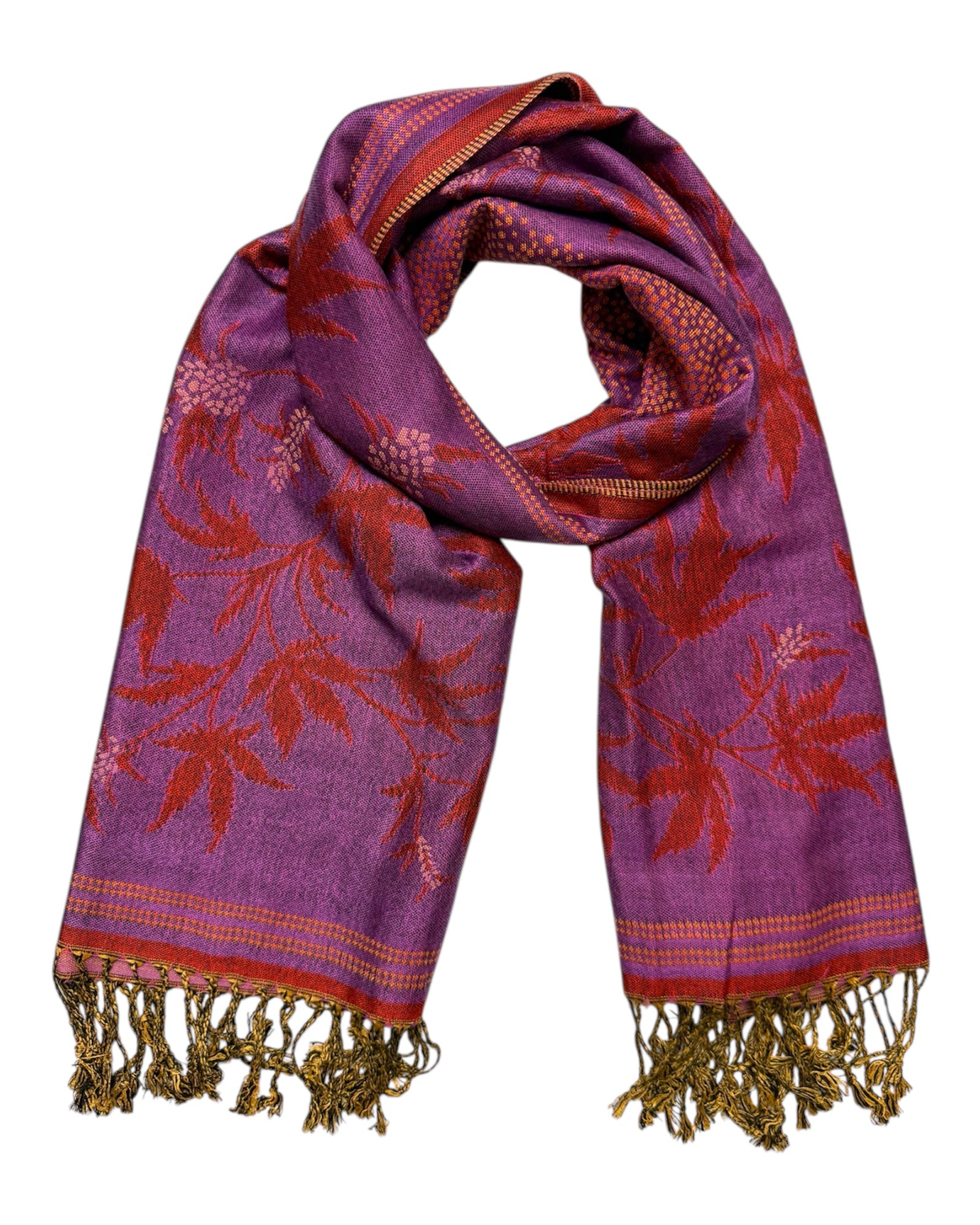 Orange and purple blaze reversible rave pashmina with leaf pattern and fringe