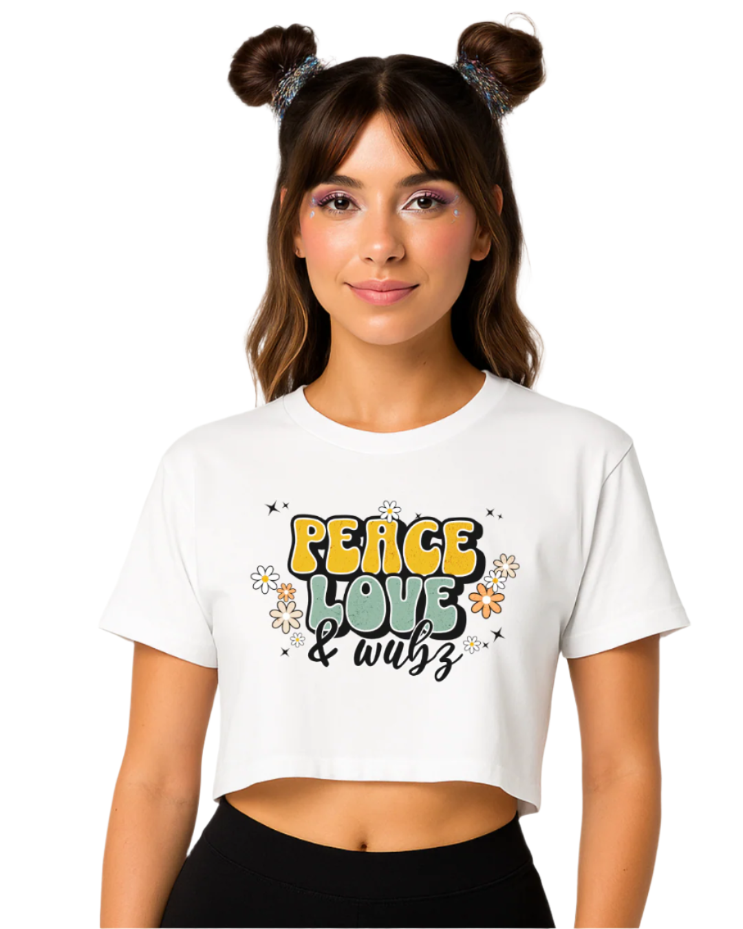 Woman wearing a white t-shirt with 'Peace Love & Wubz' text on a plain background