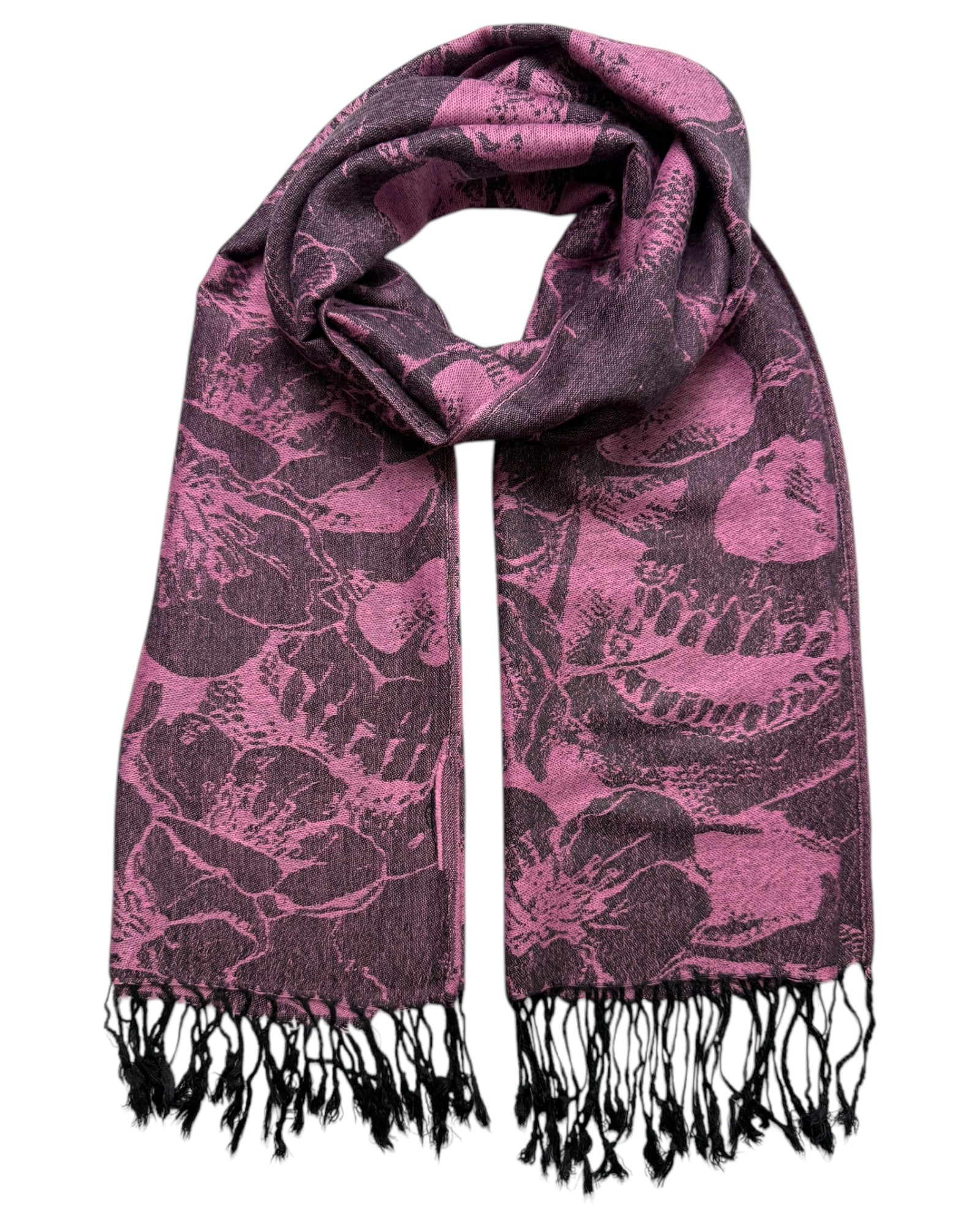 Purple floral patterned scarf with black fringes on a white background