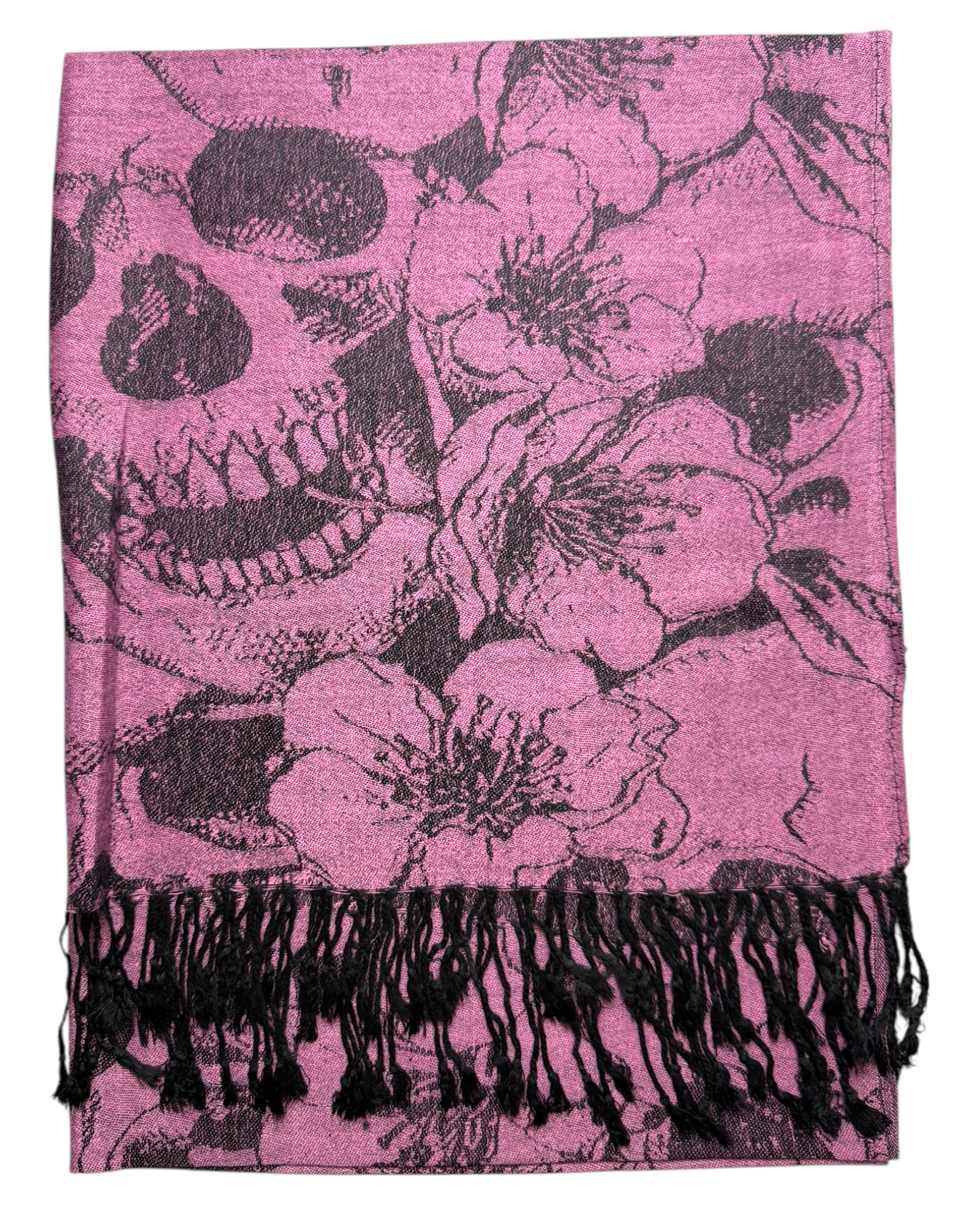 Pink scarf with black skull and floral patterns