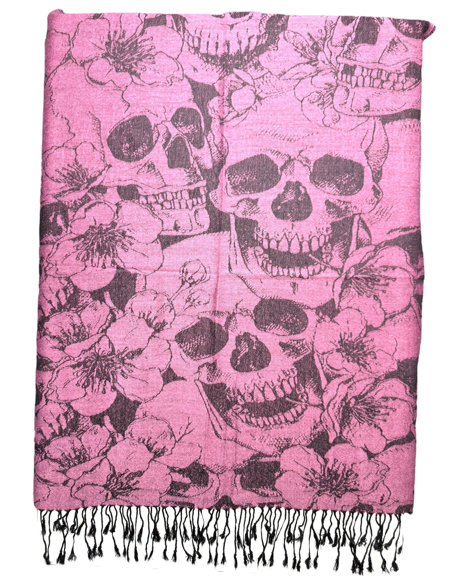 Pink scarf with black skull and floral patterns