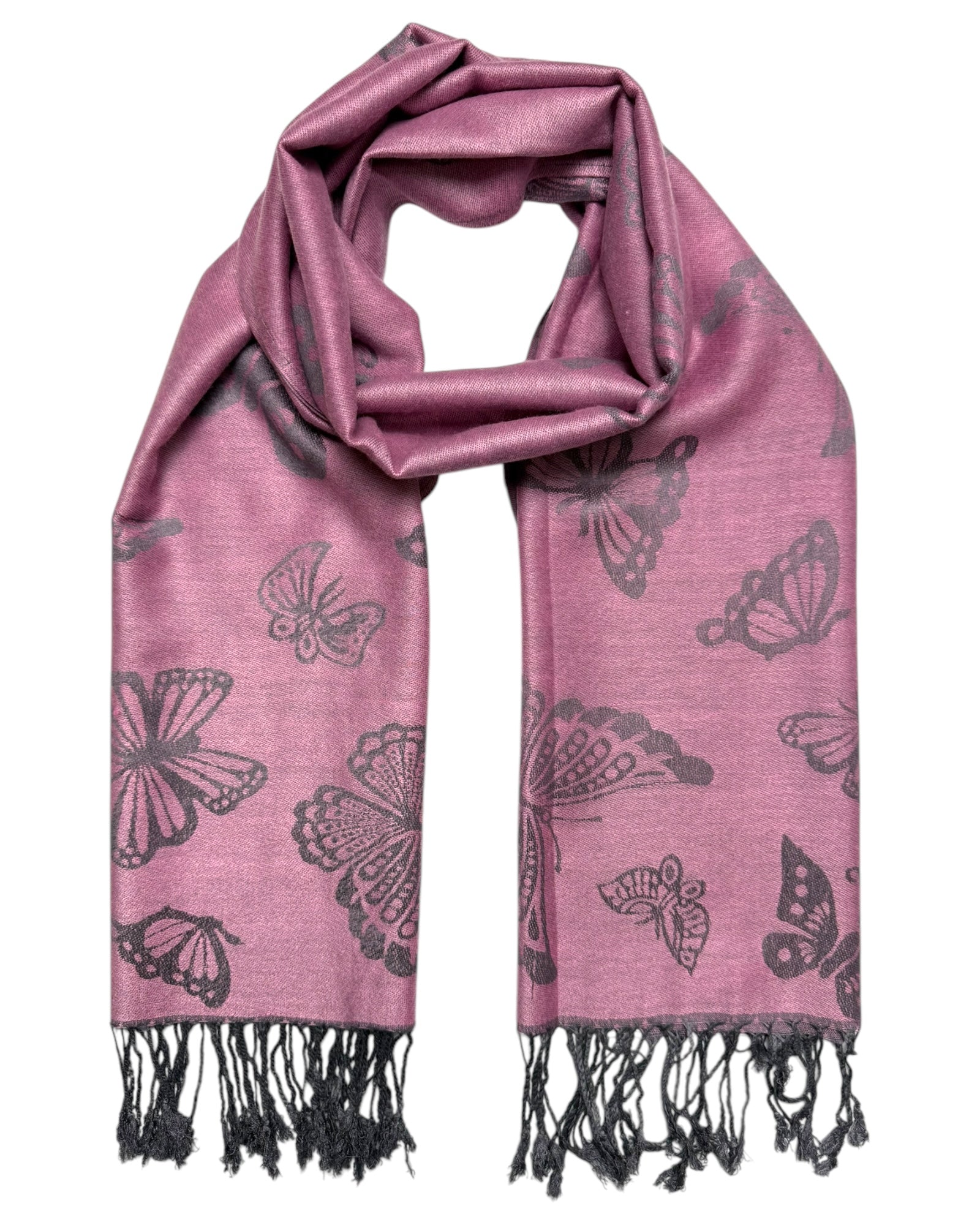 A pink and grey reversible pashmina scarf with a butterfly pattern, featuring fringes on the ends.