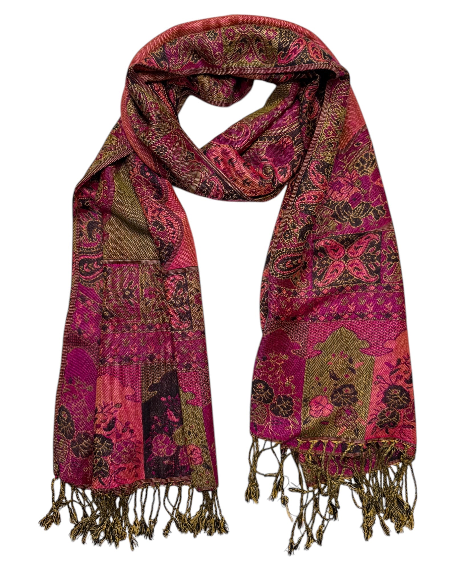 A vibrant pink pashmina with elaborate patchwork floral and paisley motifs, fringed on the ends.
