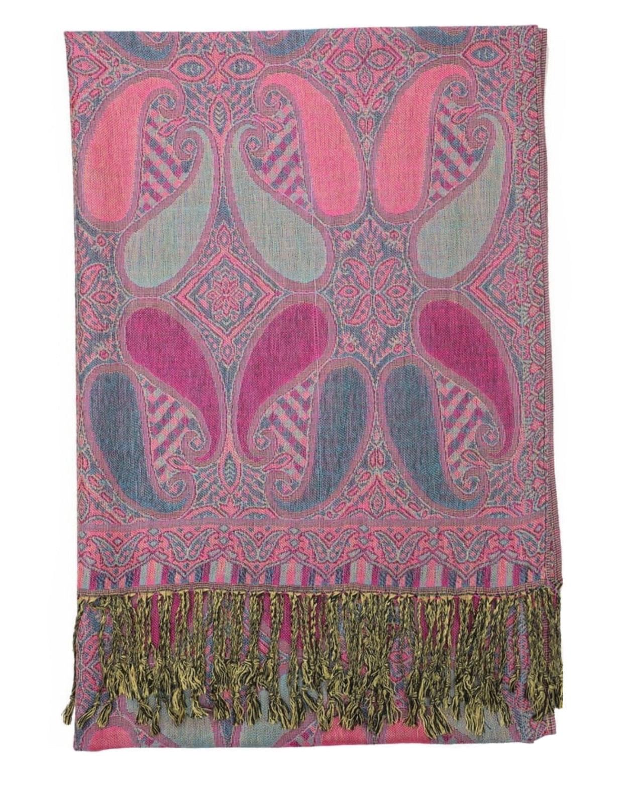 A pink and blue paisley pattern pashmina with fringes displayed on a white background.