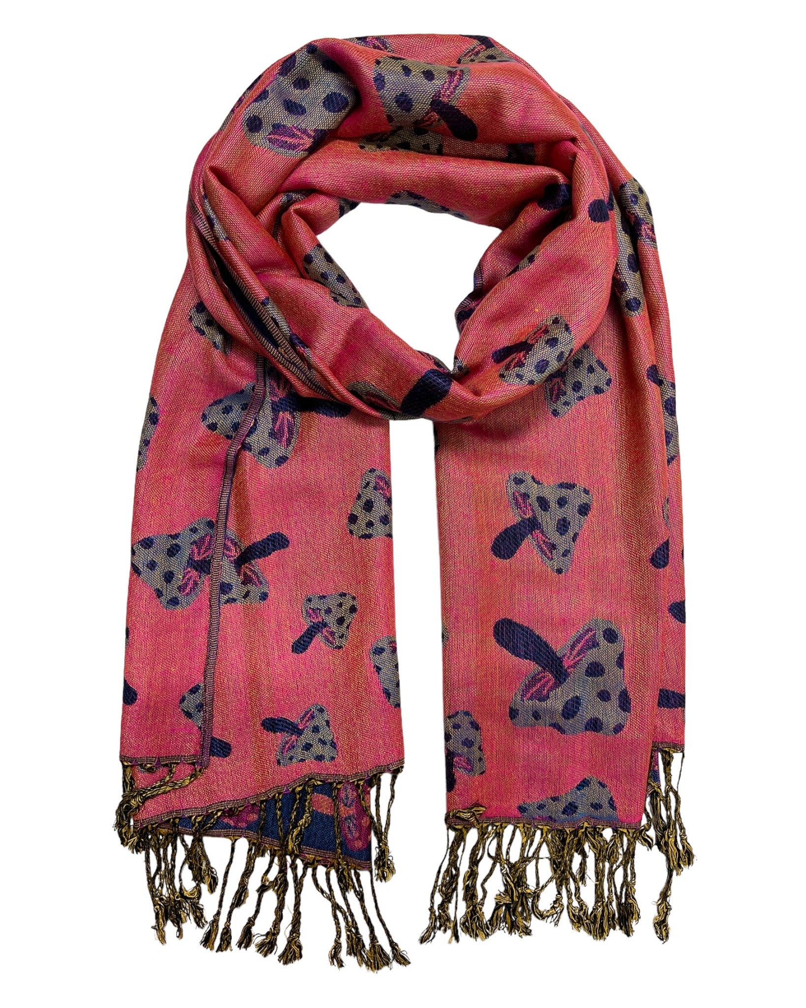 A pink and blue reversible pashmina with a mushroom pattern and fringes.