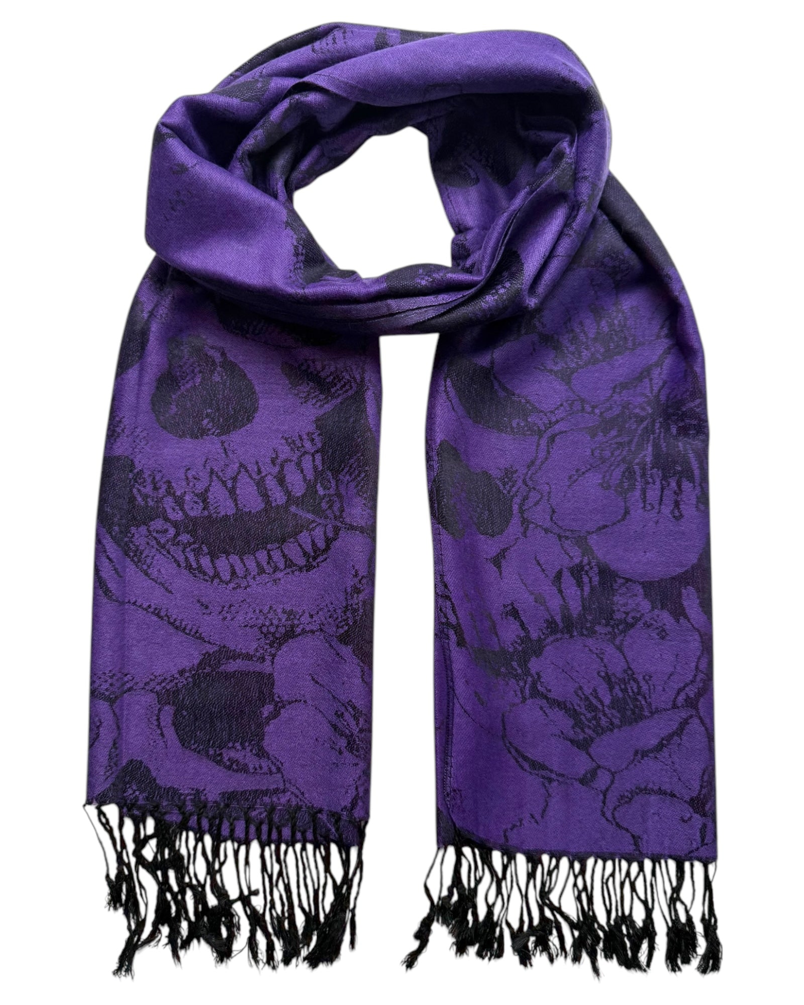 Purple scarf with black skull / floral pattern and black tassels on a white background.