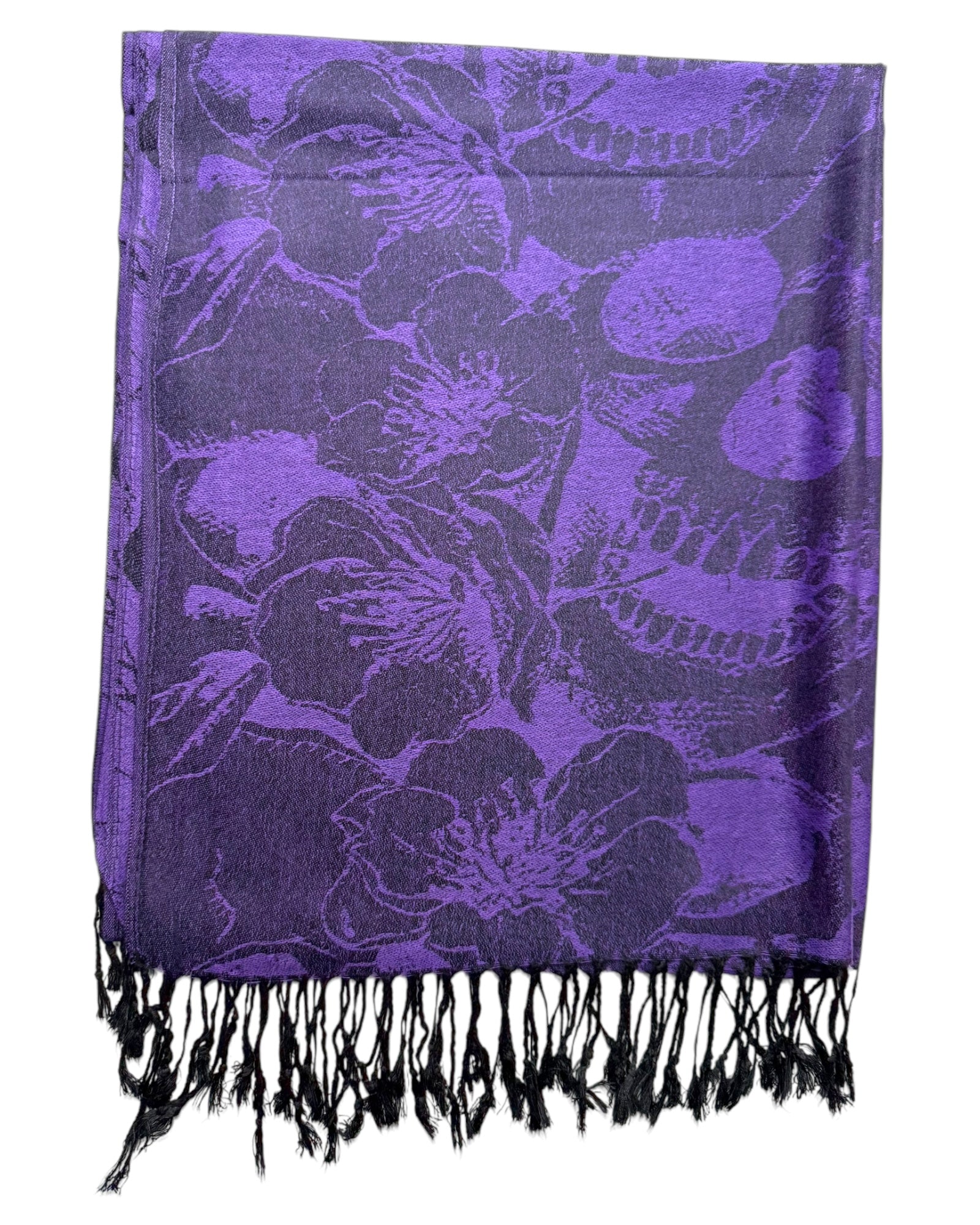 Purple scarf with black floral pattern and fringes on a white background
