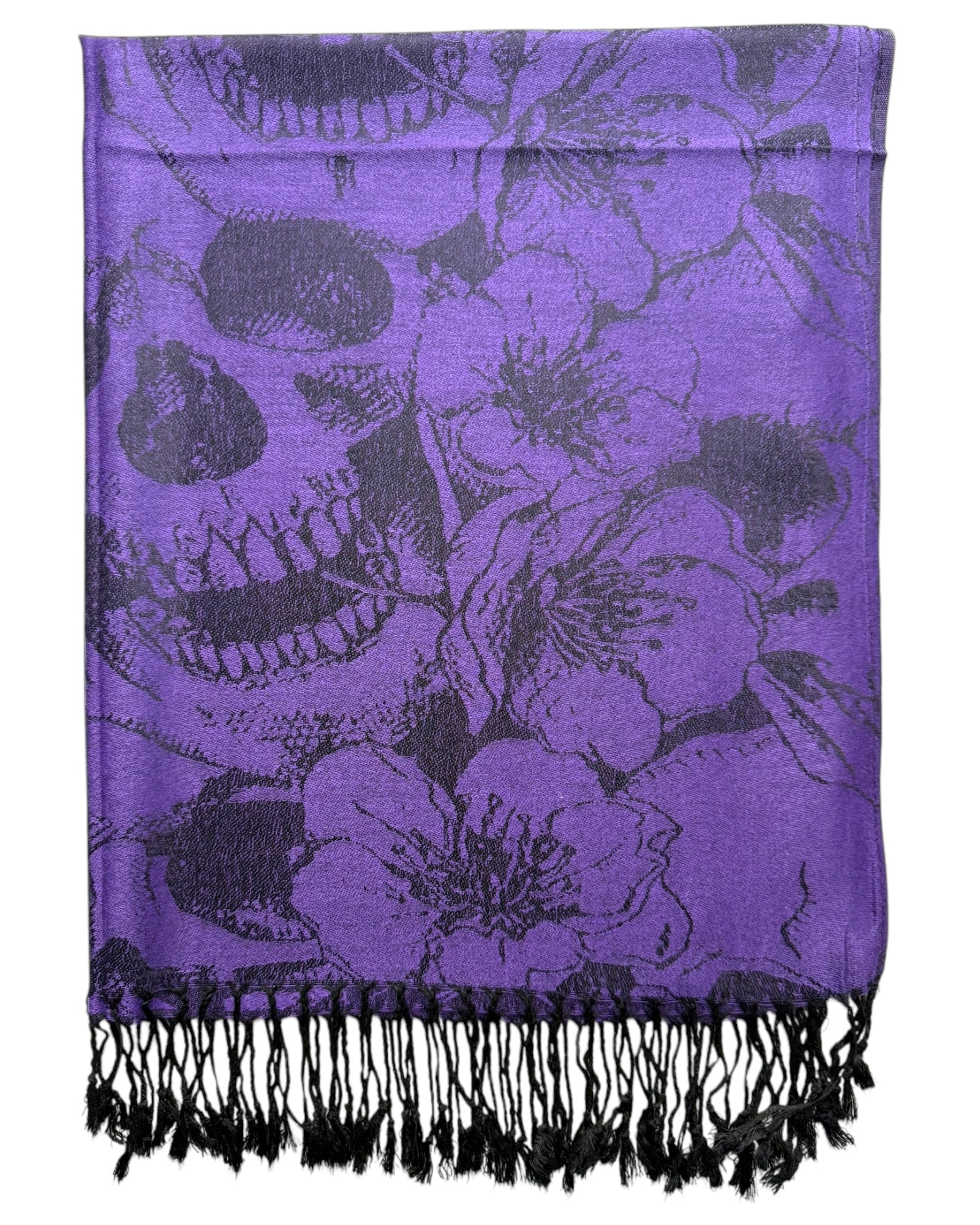 Purple scarf with black skull and floral pattern