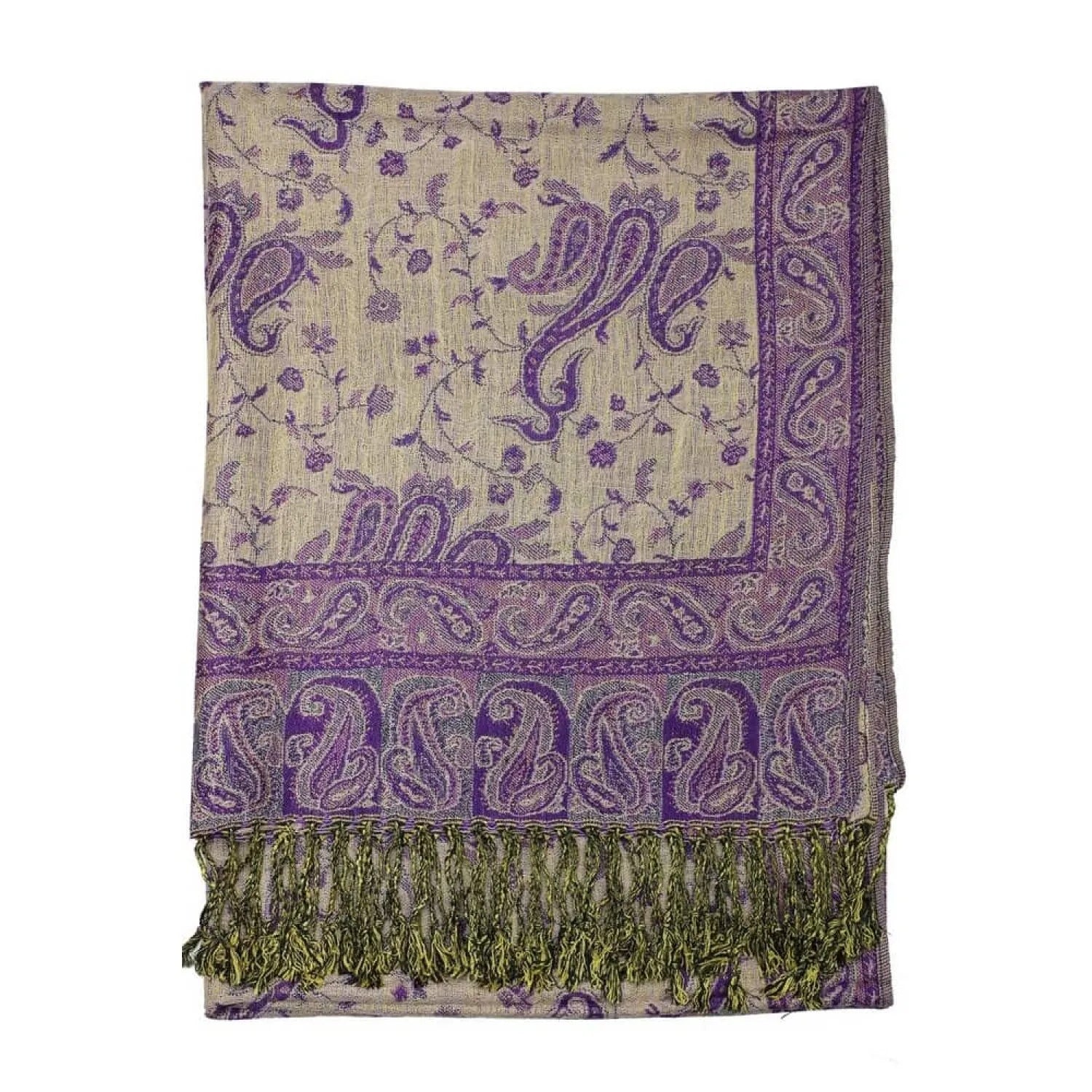 A purple reversible pashmina with paisley print and fringes, displayed in a draped fashion.