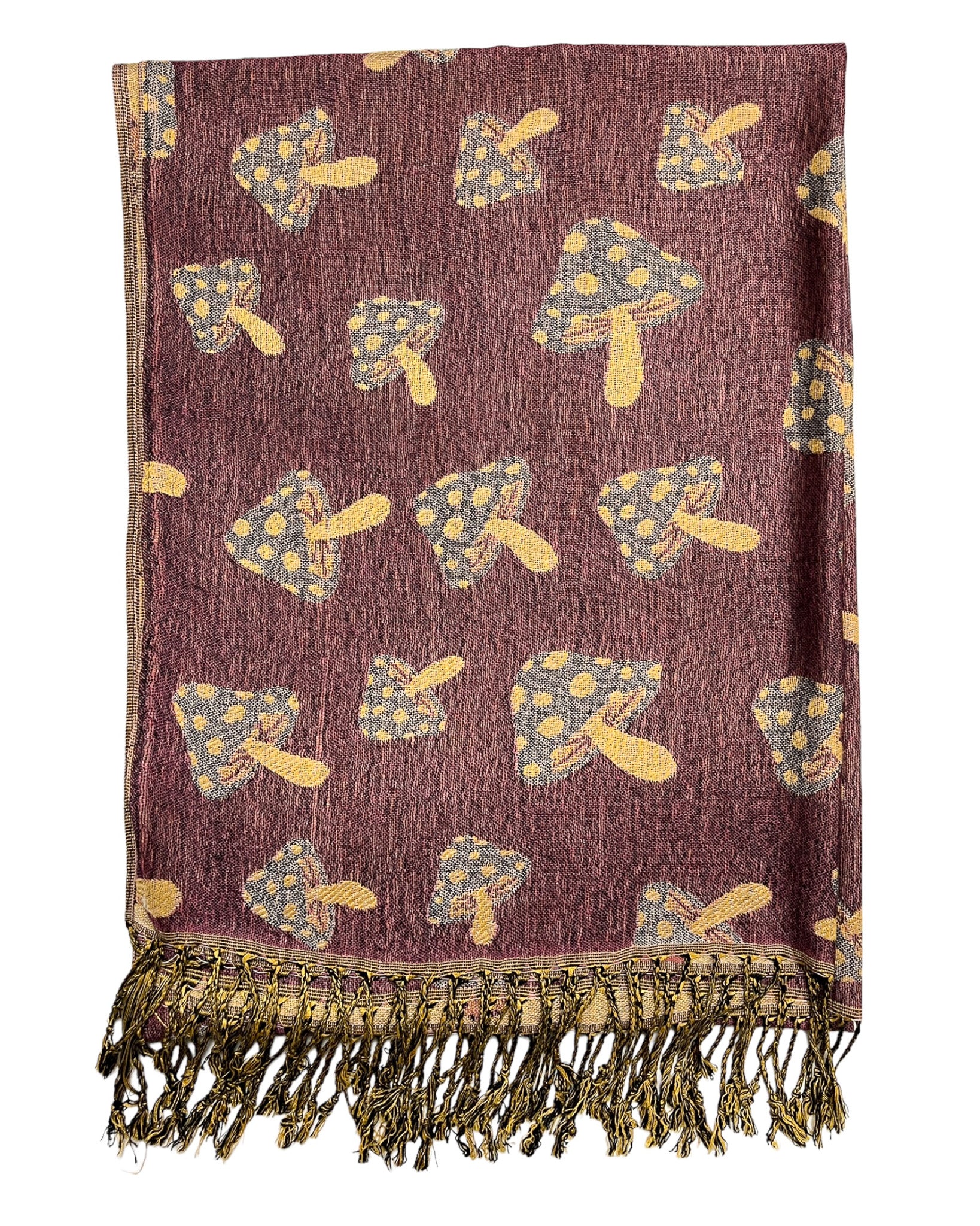 A purple and tan reversible pashmina scarf with a mushroom pattern, fringes on the ends, and a silky texture.
