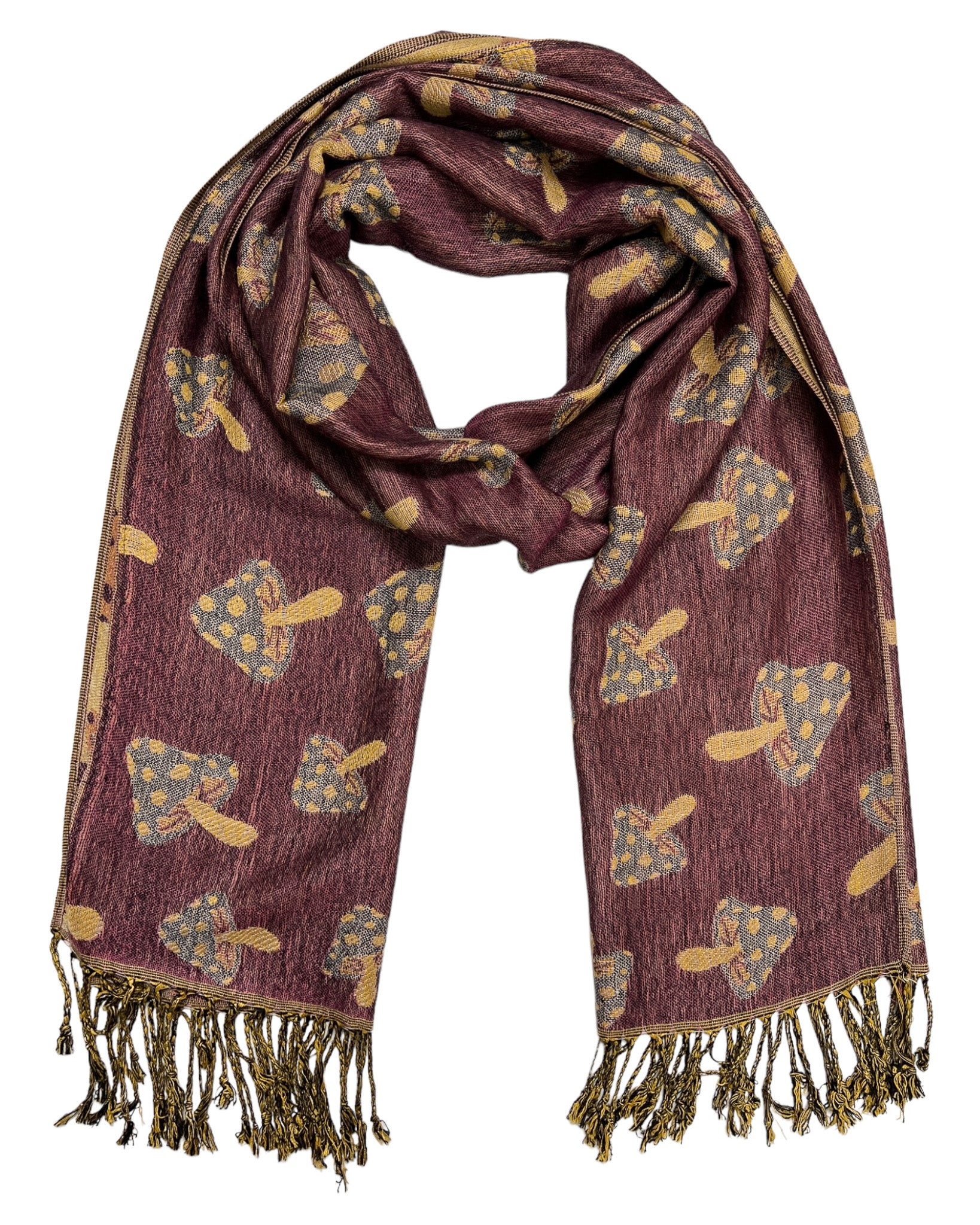 A purple and tan reversible pashmina scarf with a mushroom pattern, fringes on the ends, and a silky texture.