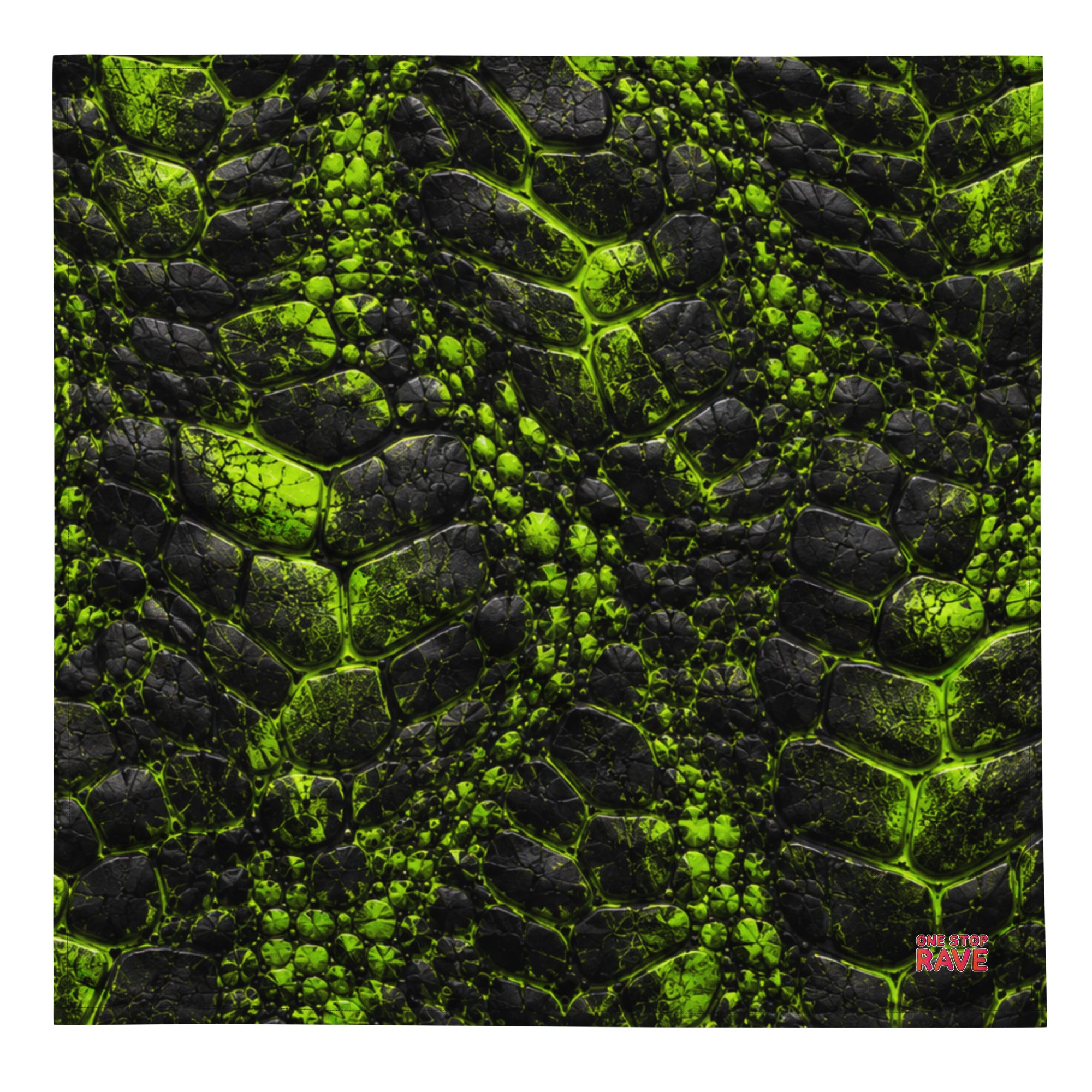 Black bandana with neon green cracked, reptilian-textured print in a close-up flat lay view.