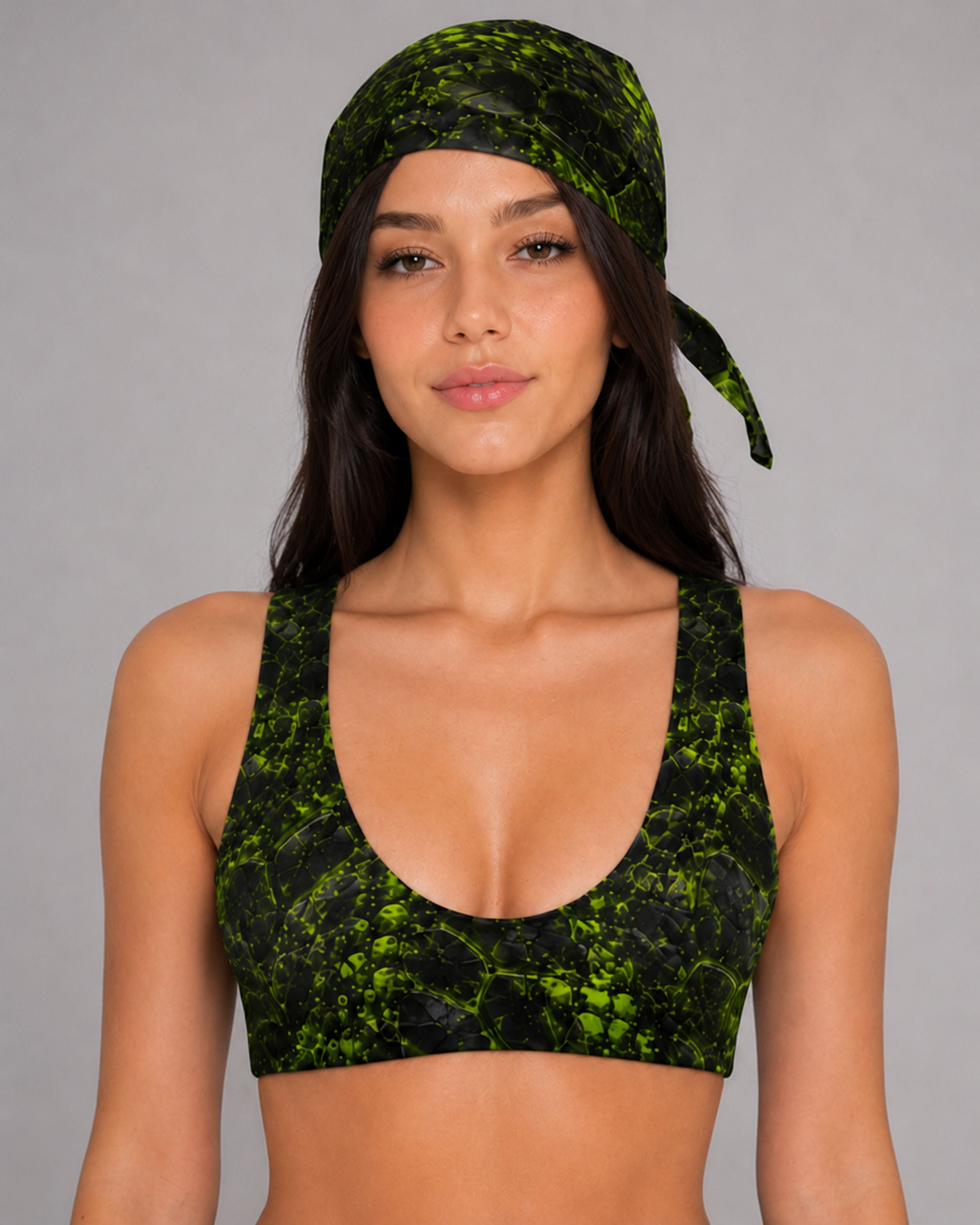 Model wearing a black and neon green cracked-texture bandana and matching low-cut scoop neck bikini top.