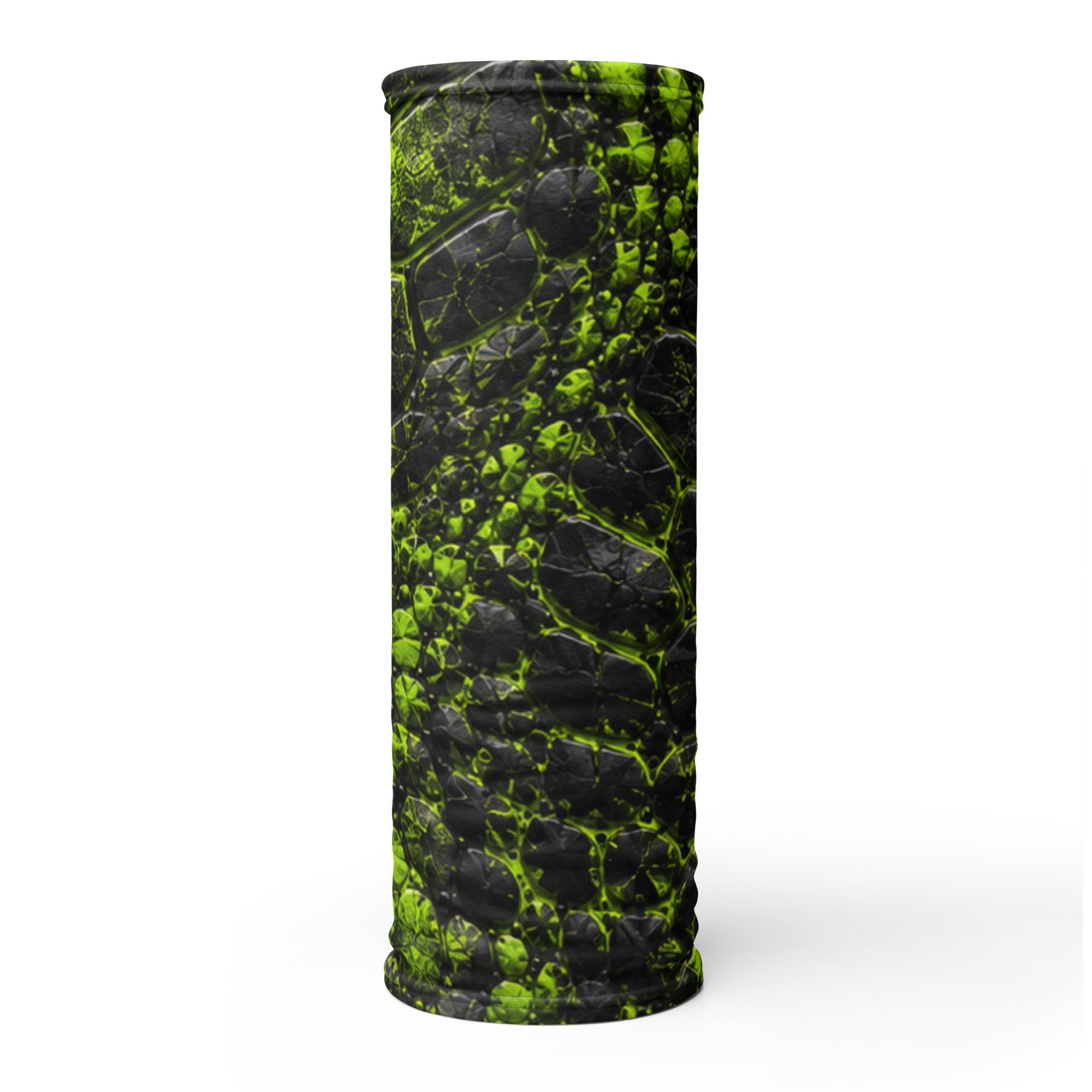 Black and neon green cracked prehistoric-texture bandana shown in a cylindrical tube view.